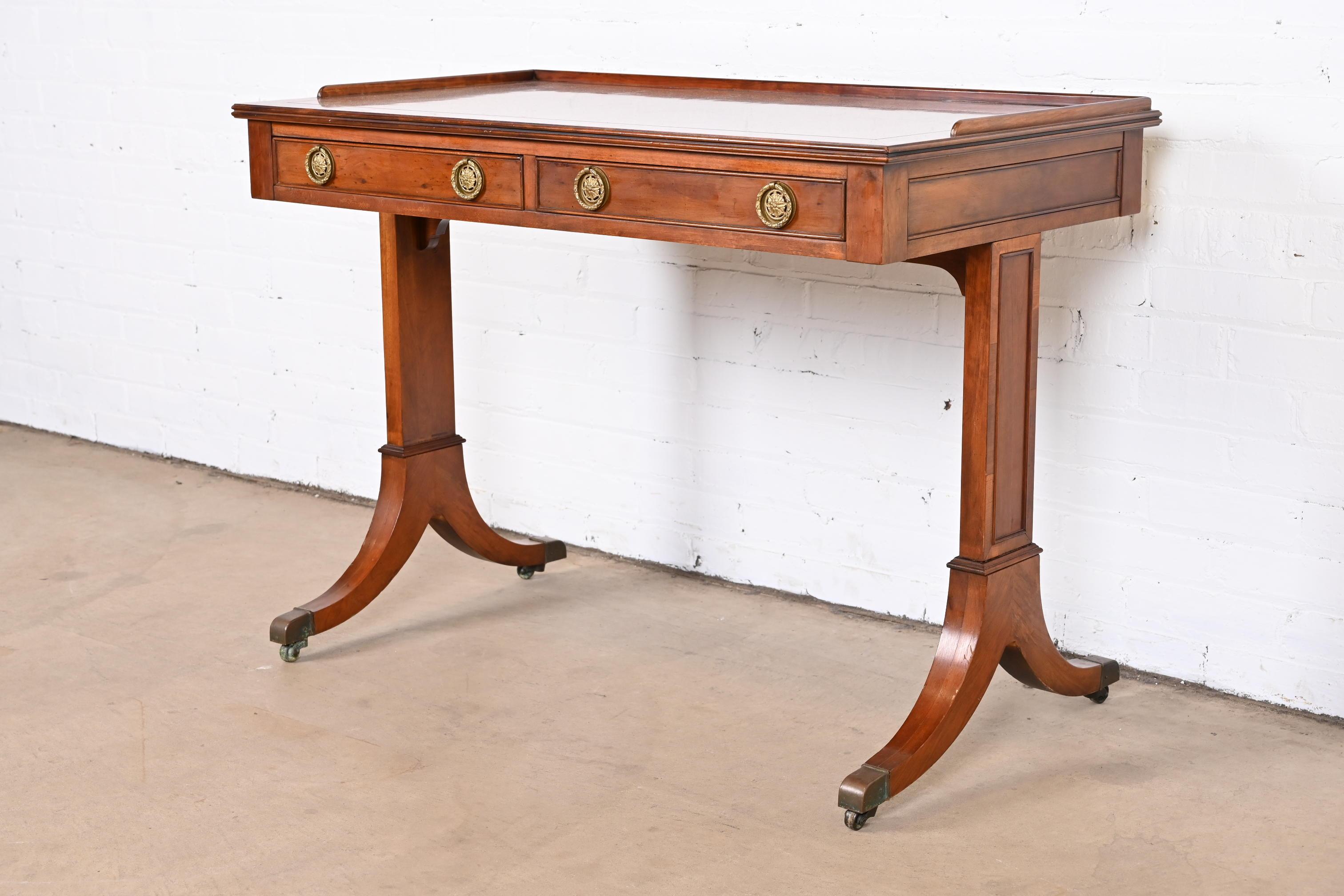 Brass English Regency Yew Wood Desk or Console in the Manner of Baker Furniture