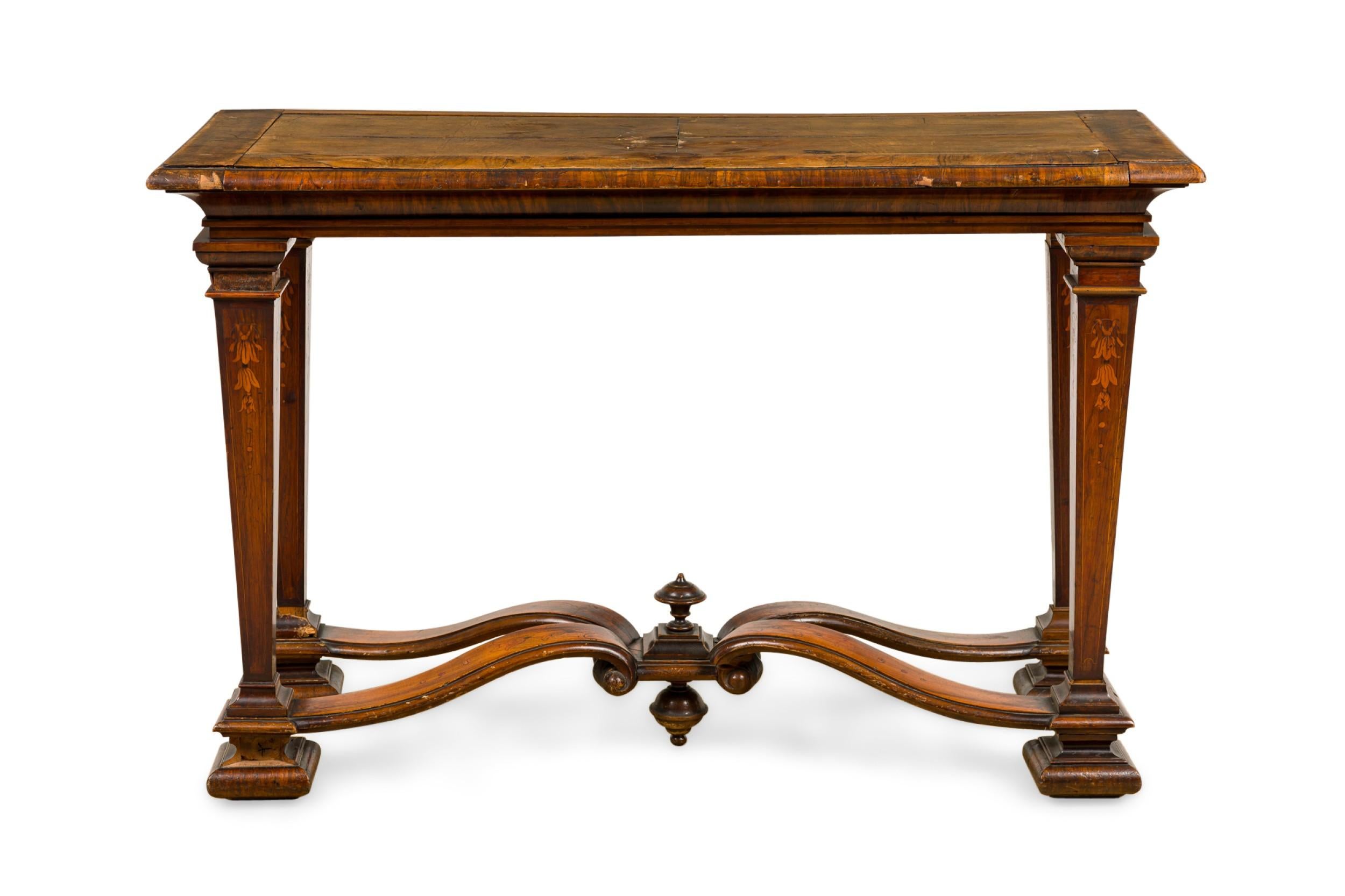 English Renaissance Burl wood Console table with 4 square tapered floral inlaid legs connected with a finial stretcher