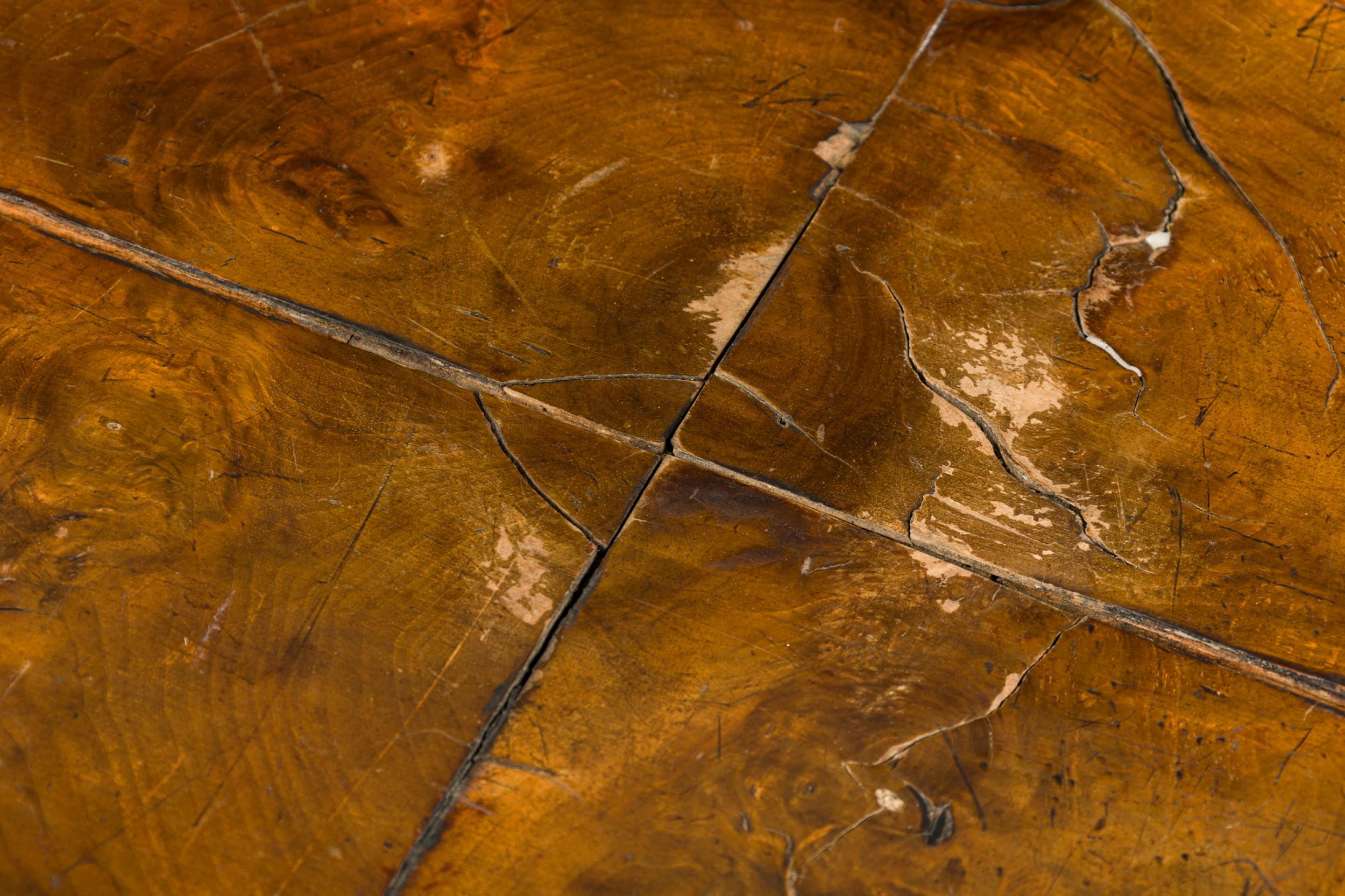 Burl English Renaissance Console Table with Stretcher For Sale