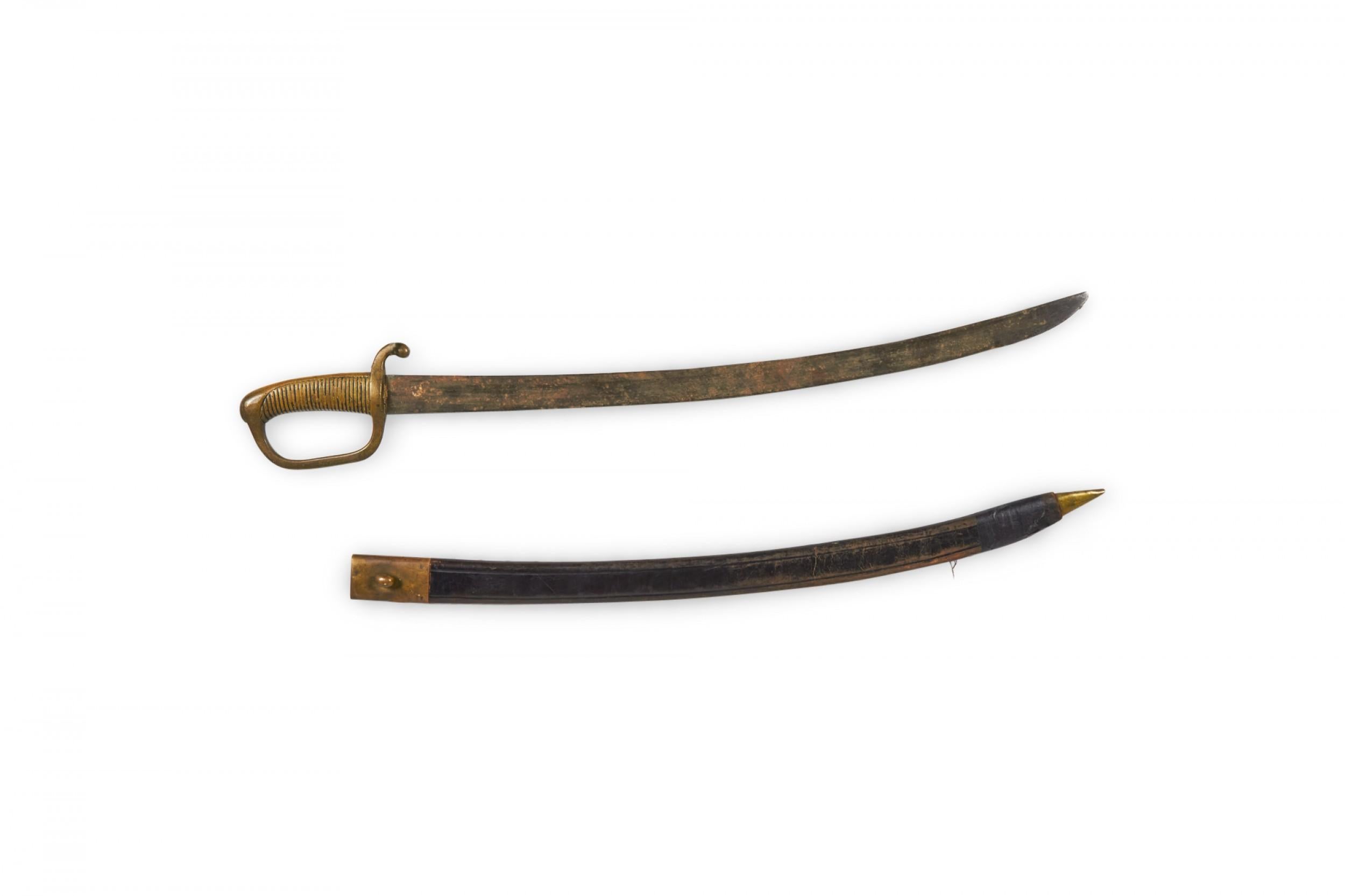English Renaissance (19th Century) curved sword with brass fluted handle and black leather scabbard.

Condition: Good; Minor losses