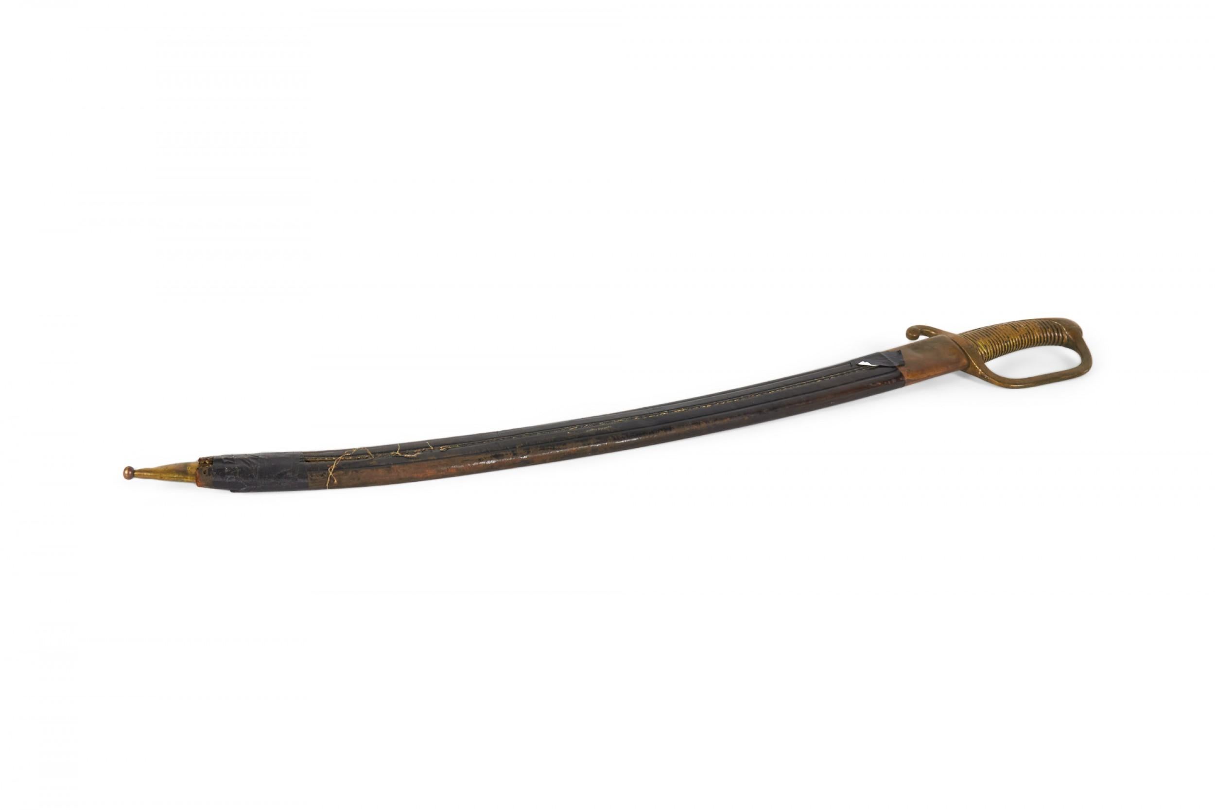 British English Renaissance Curved Brass Sword and Leather Scabbard For Sale