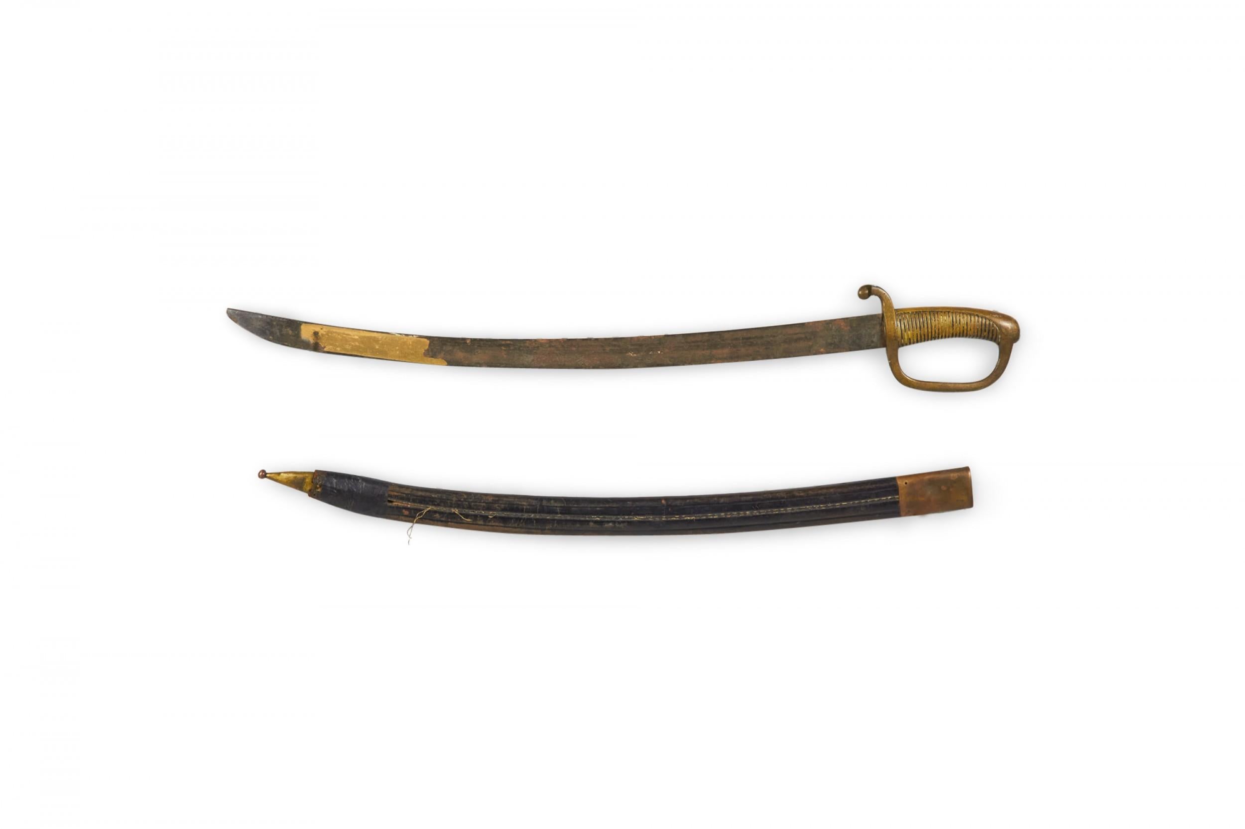 Hand-Crafted English Renaissance Curved Brass Sword and Leather Scabbard For Sale