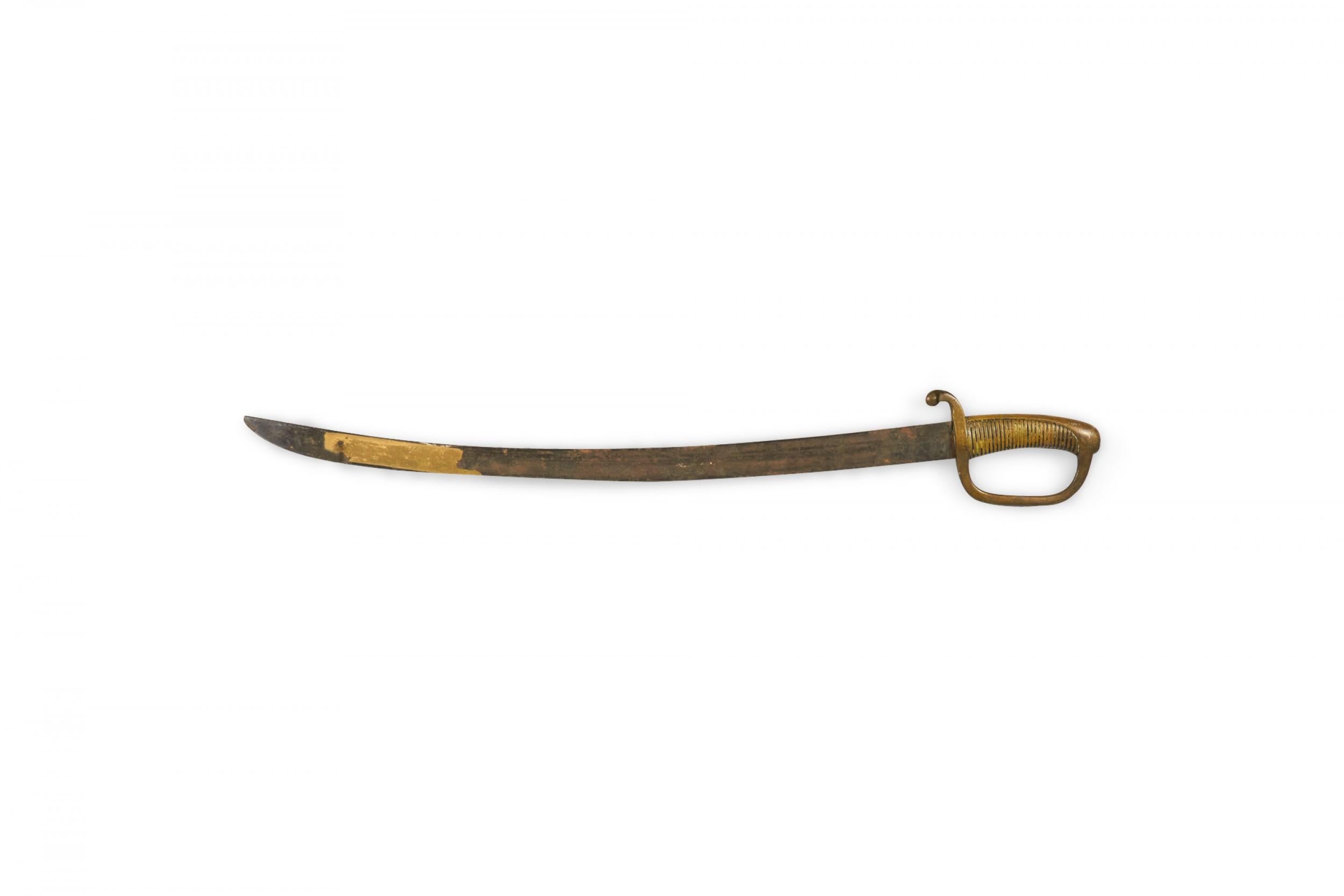 English Renaissance Curved Brass Sword and Leather Scabbard In Good Condition For Sale In Queens, NY