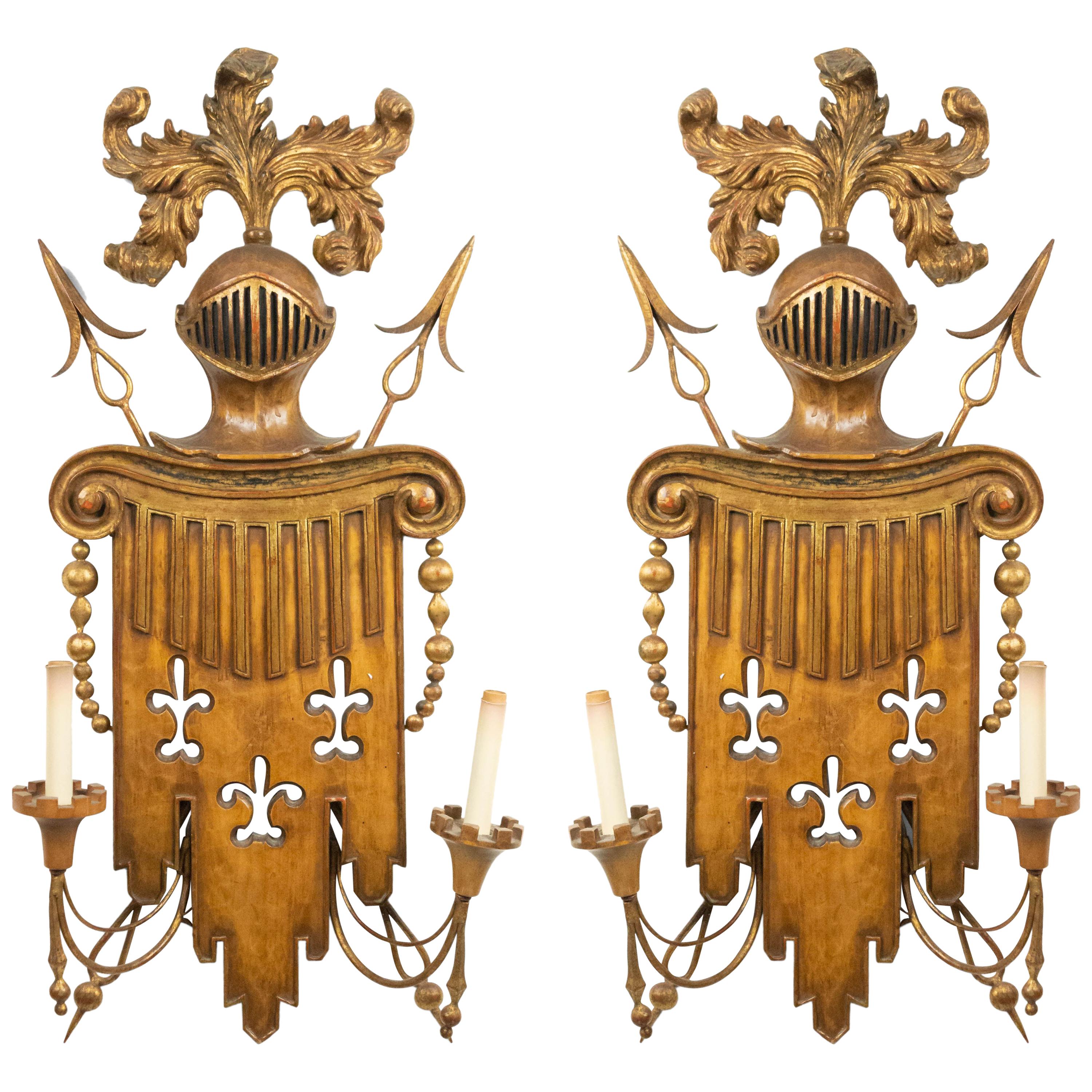 English Renaissance Gilt Metal and Fruitwood Wall Sconces For Sale