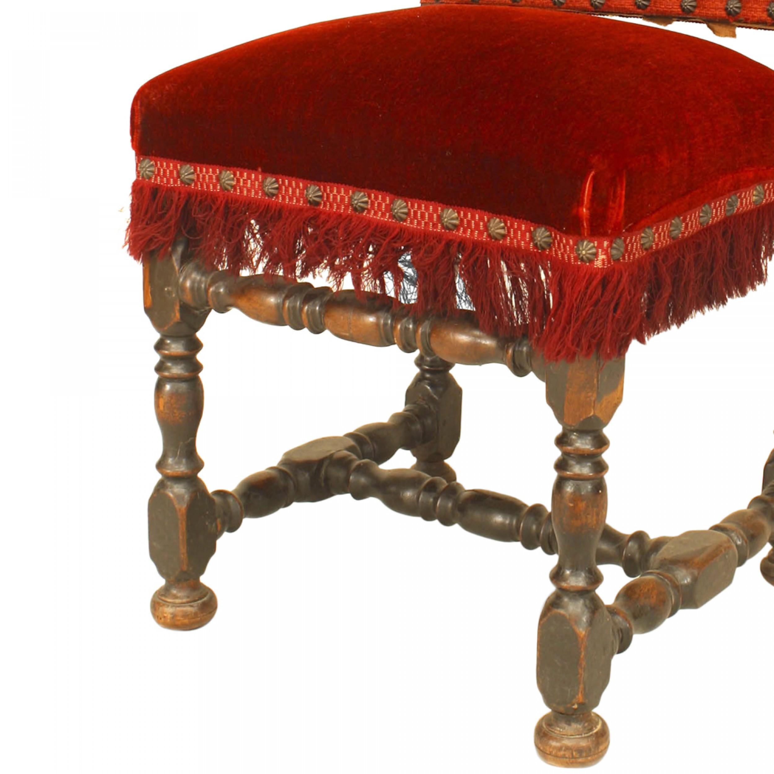 Hand-Carved English Renaissance Red Velvet Side Chair For Sale