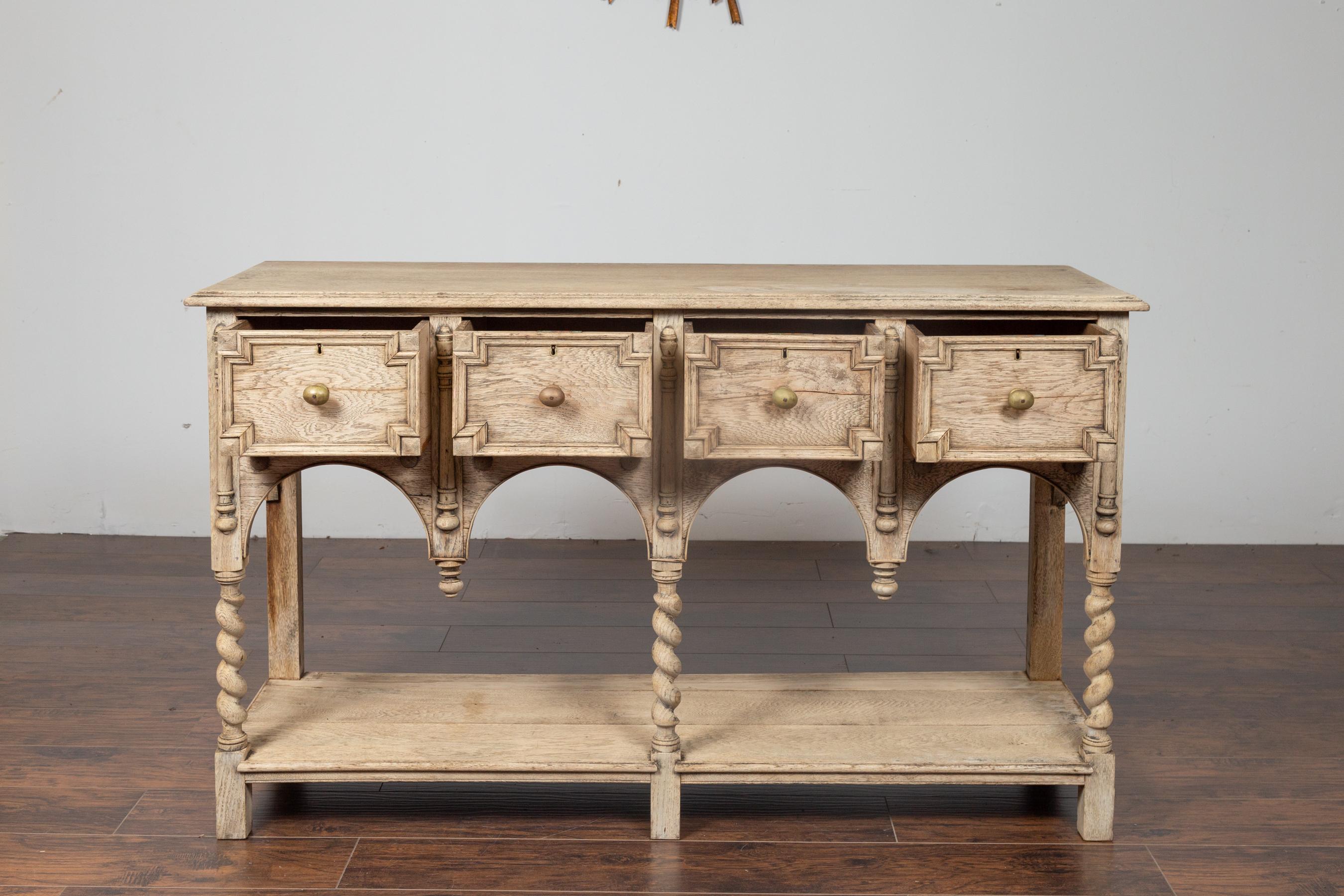 19th Century English Renaissance Revival Bleached Server with Drawers and Barley Twist Legs