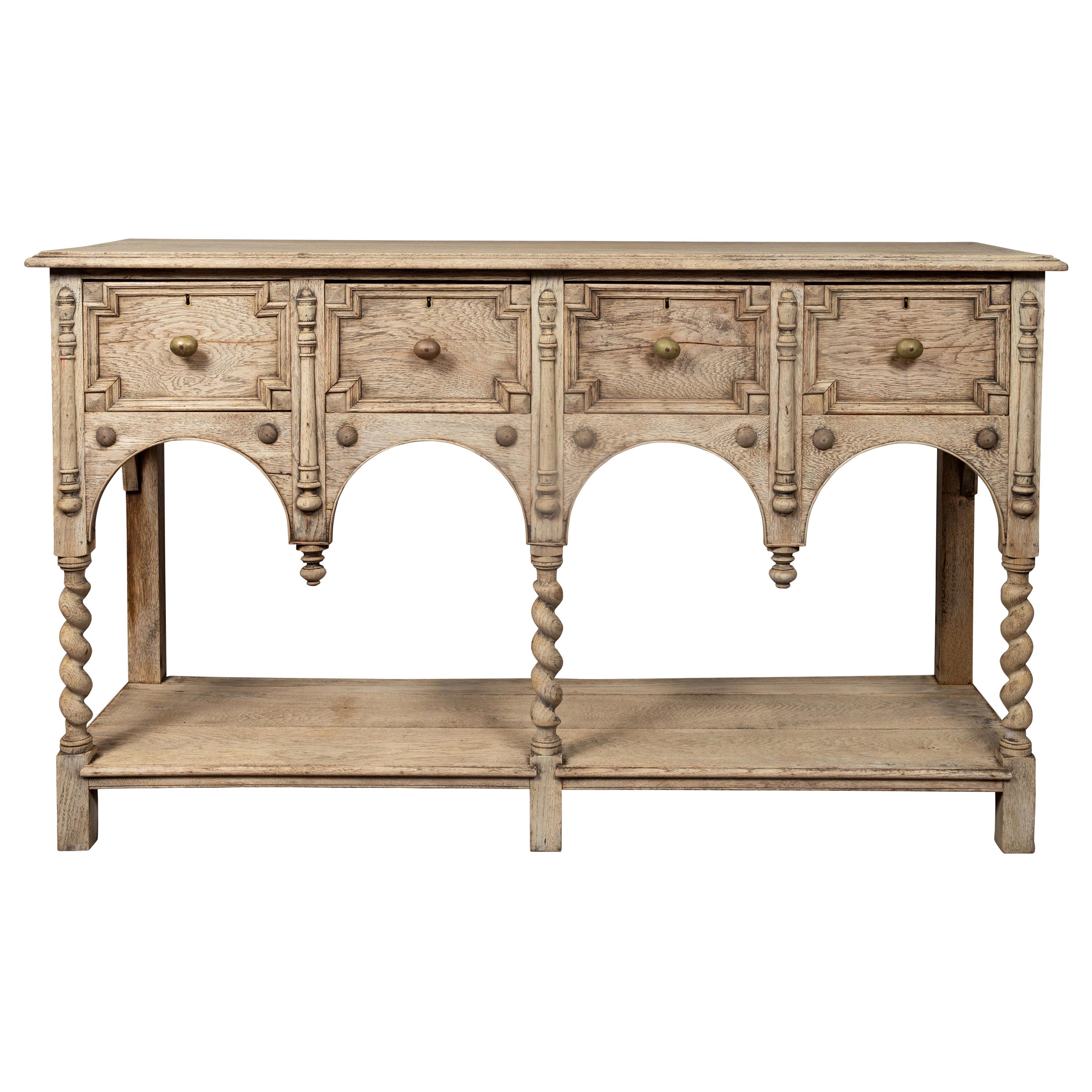 English Renaissance Revival Bleached Server with Drawers and Barley Twist Legs