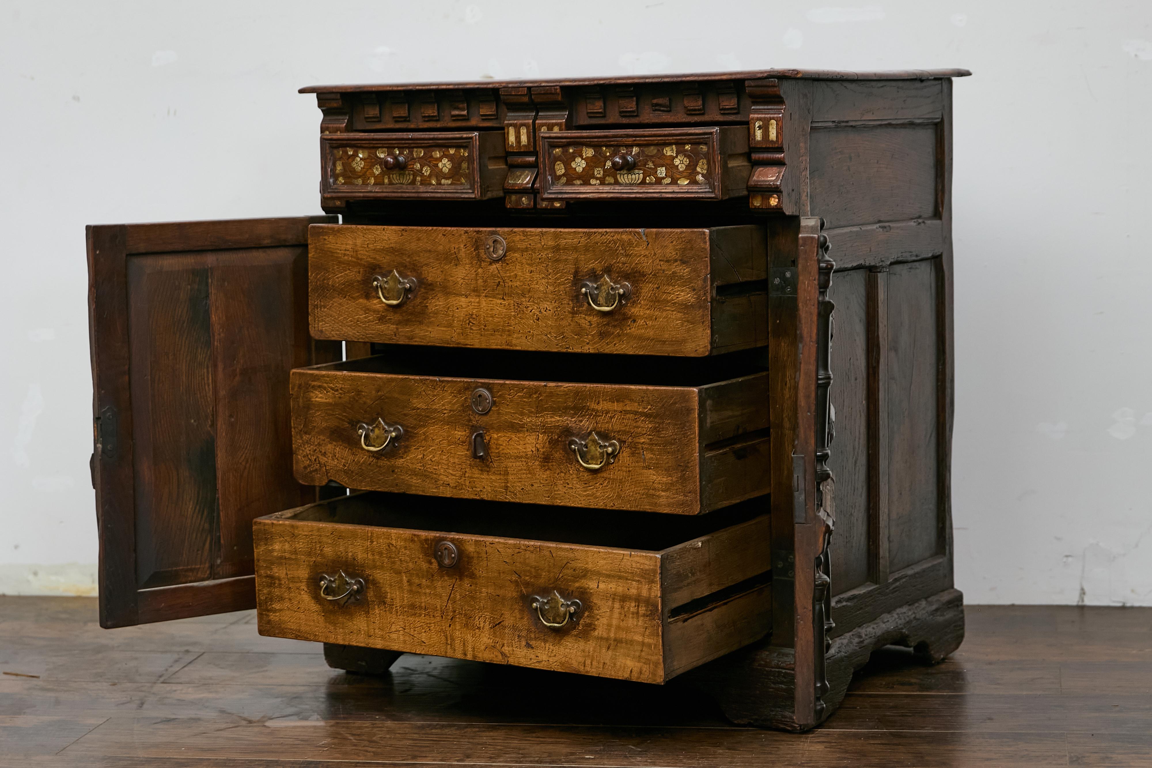 English Renaissance Revival Oak Storage Cabinet with Bone and Pearl Inlay 5