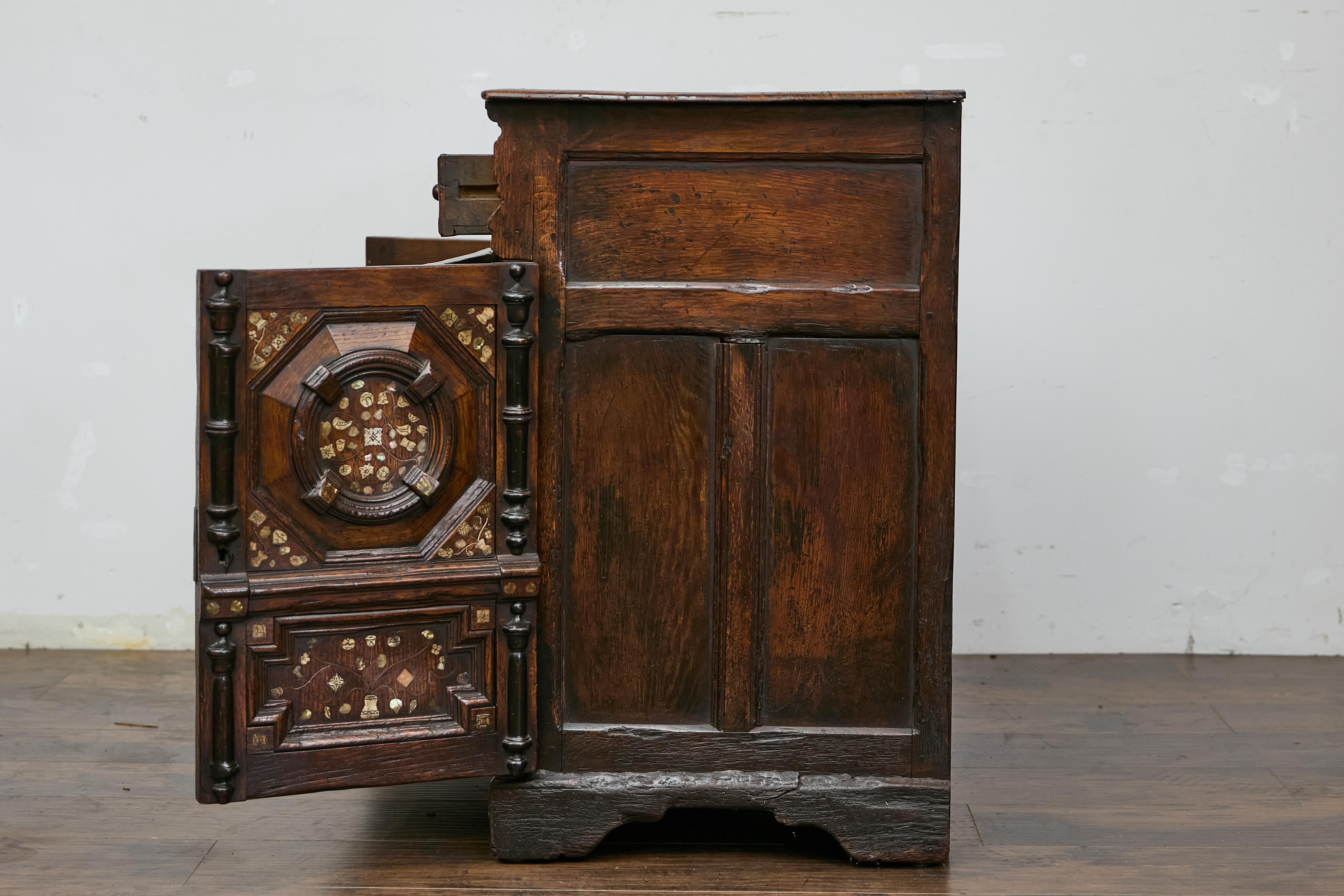 English Renaissance Revival Oak Storage Cabinet with Bone and Pearl Inlay 6