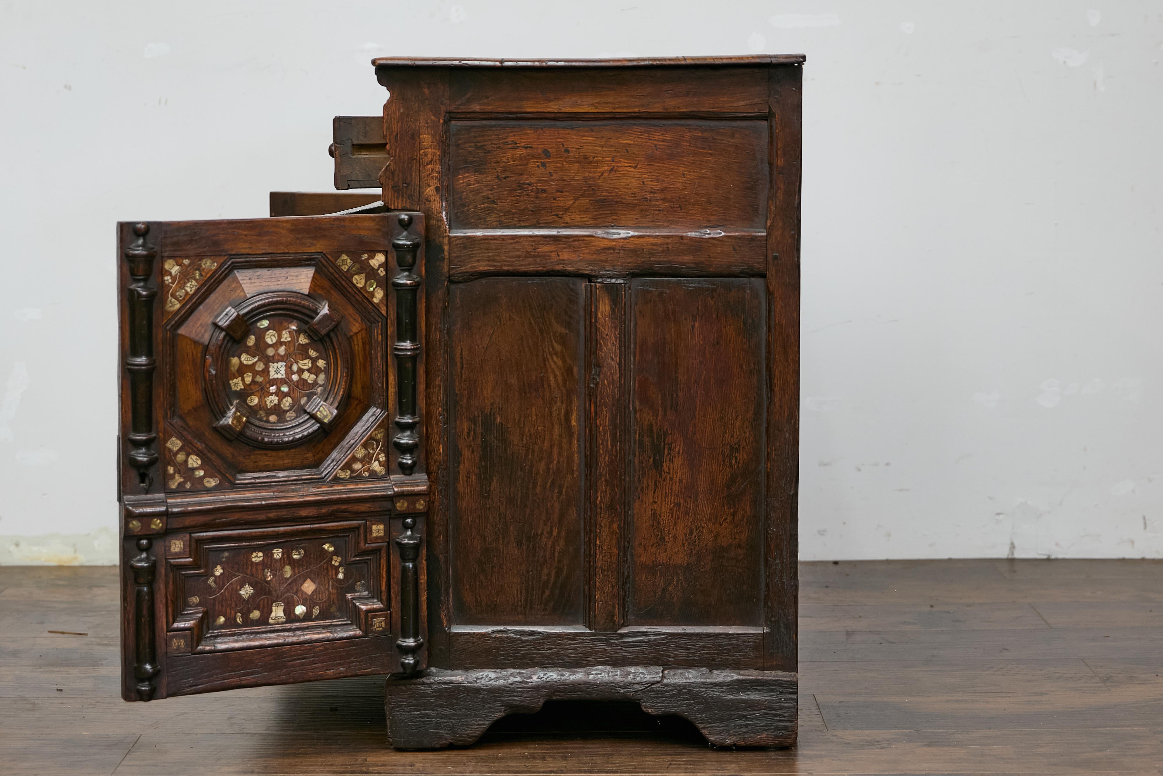 English Renaissance Revival Oak Storage Cabinet with Bone and Pearl Inlay 7