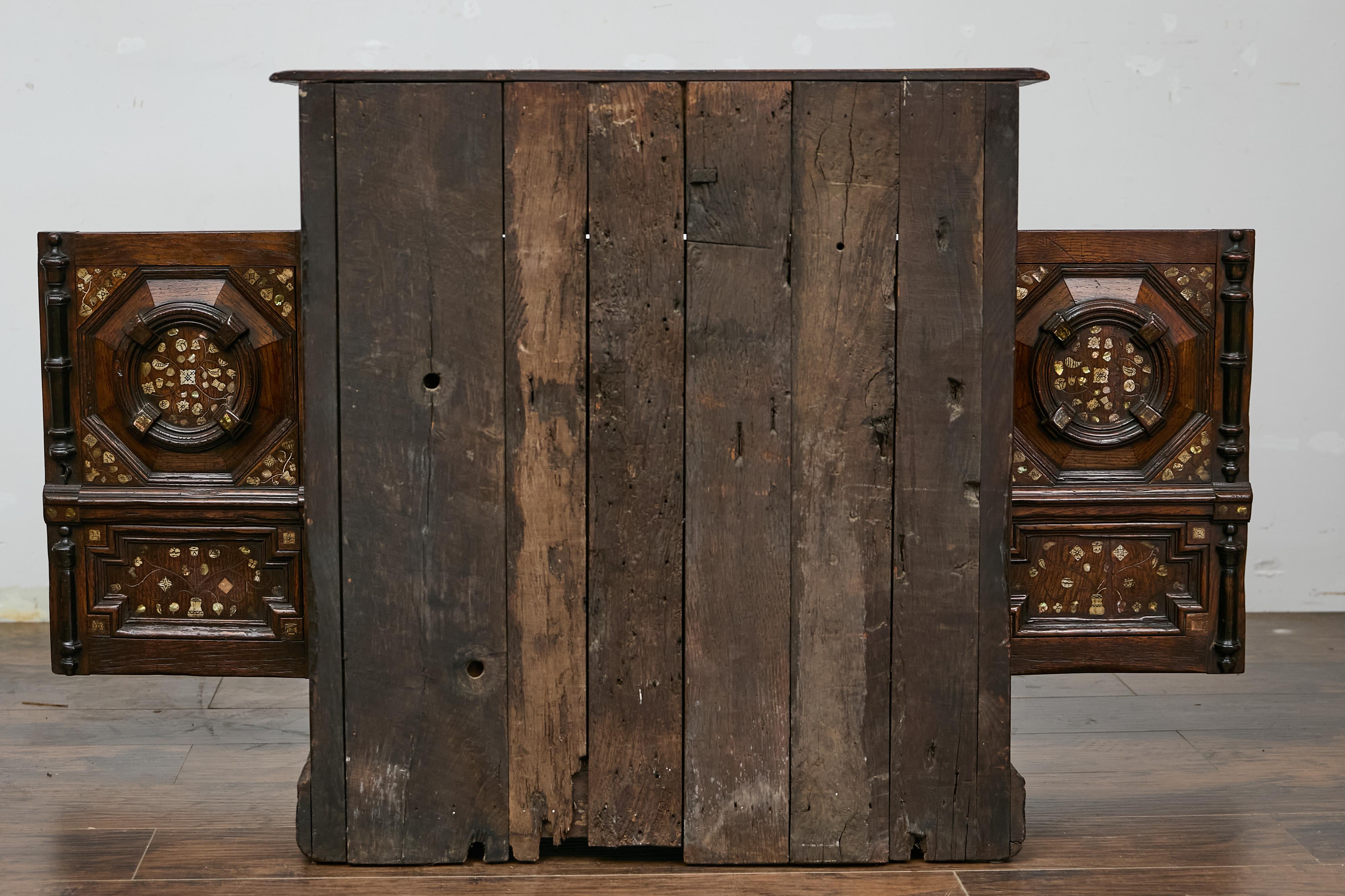 English Renaissance Revival Oak Storage Cabinet with Bone and Pearl Inlay 12