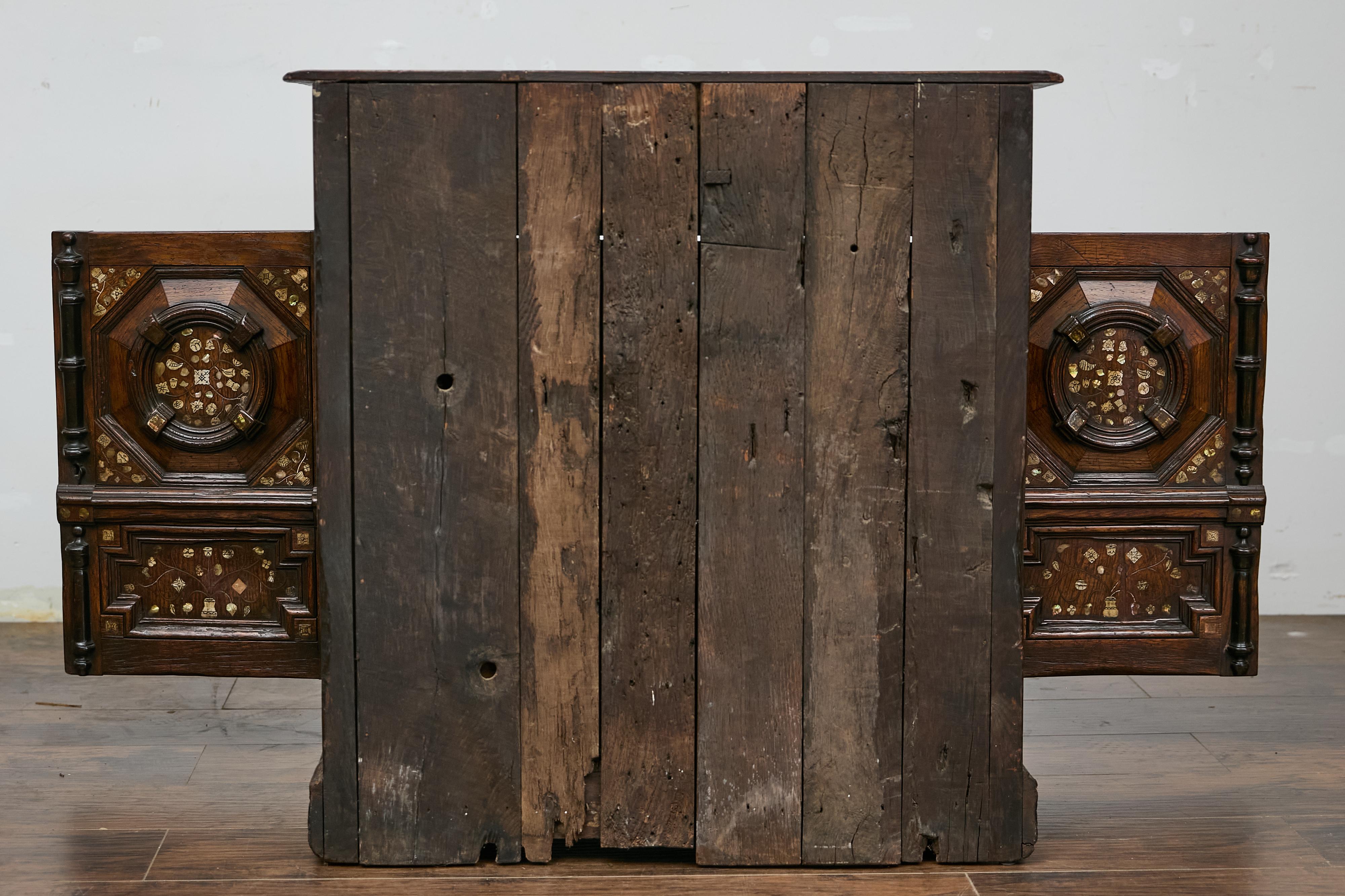 English Renaissance Revival Oak Storage Cabinet with Bone and Pearl Inlay 13