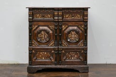 English Renaissance Revival Oak Storage Cabinet with Bone and Pearl Inlay