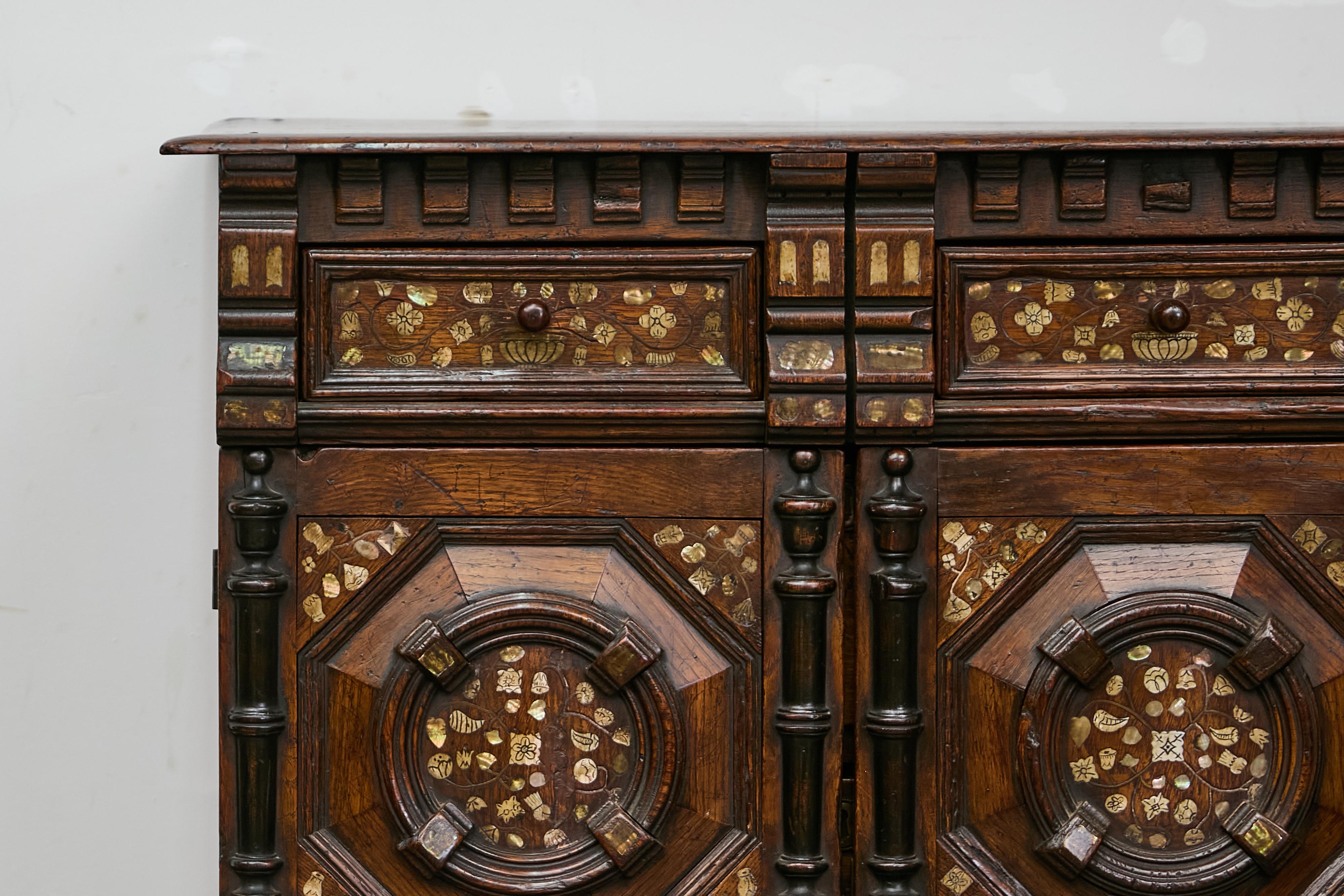 Carved English Renaissance Revival Oak Storage Cabinet with Bone and Pearl Inlay