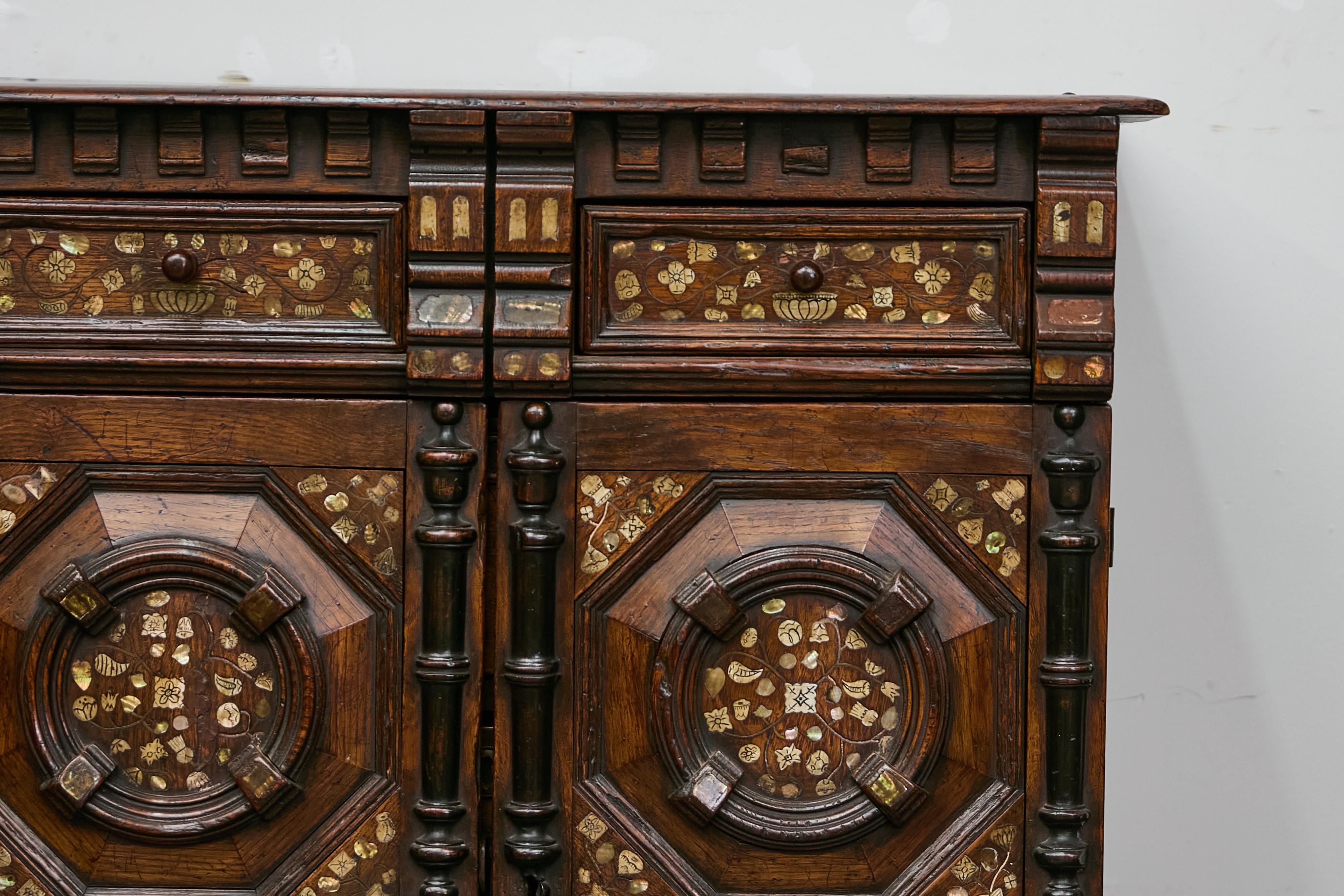 English Renaissance Revival Oak Storage Cabinet with Bone and Pearl Inlay In Good Condition In Atlanta, GA