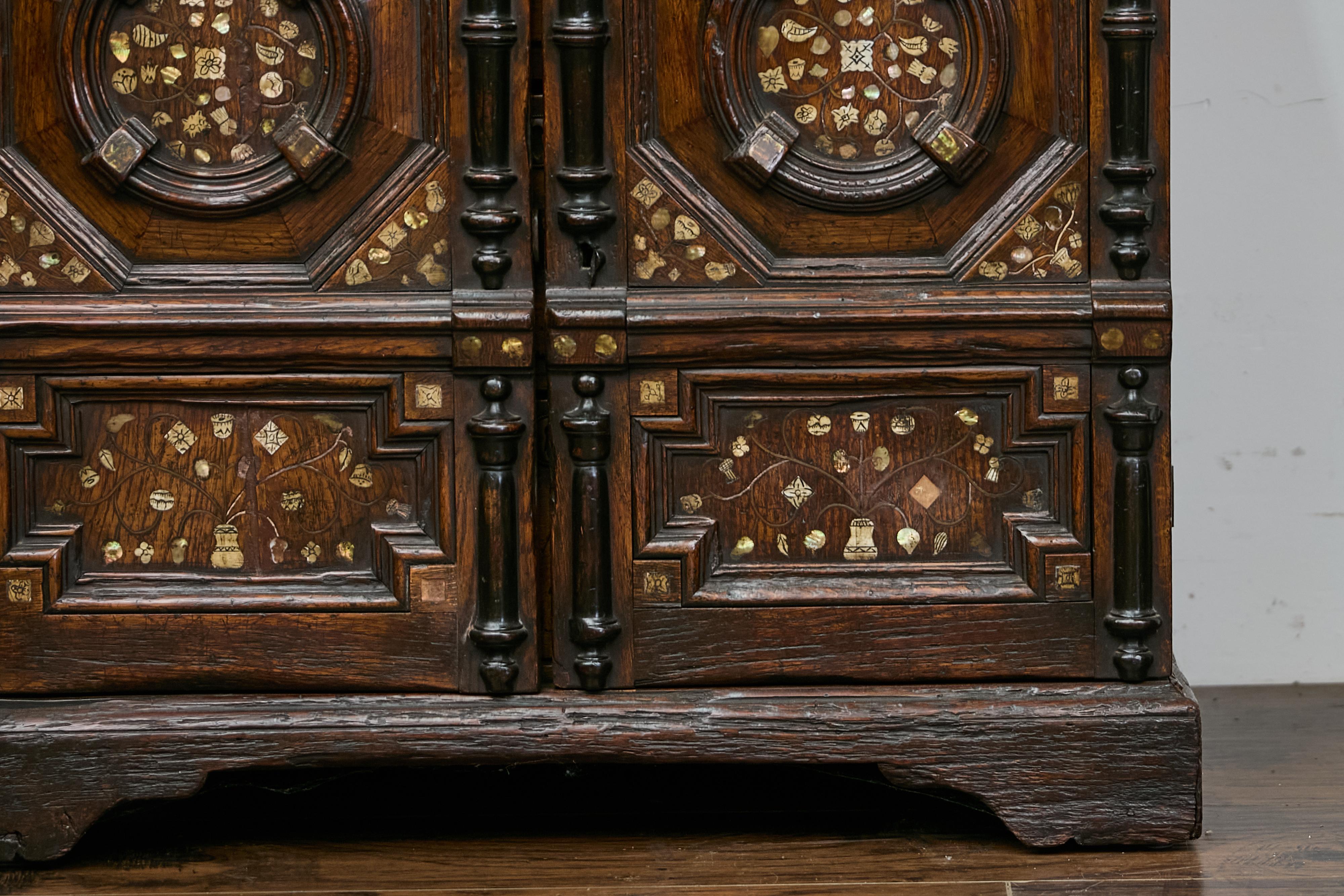 18th Century English Renaissance Revival Oak Storage Cabinet with Bone and Pearl Inlay