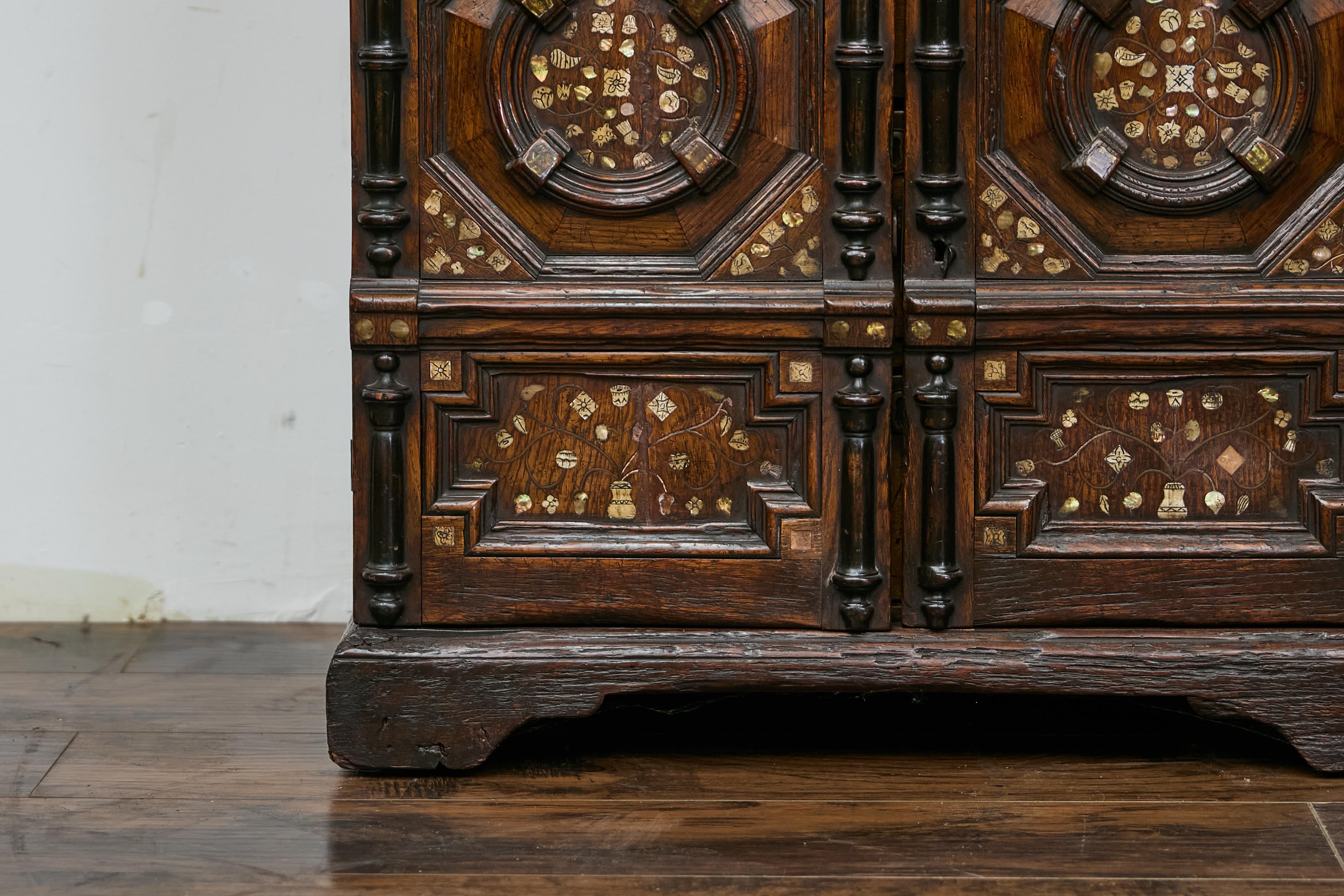 English Renaissance Revival Oak Storage Cabinet with Bone and Pearl Inlay 1