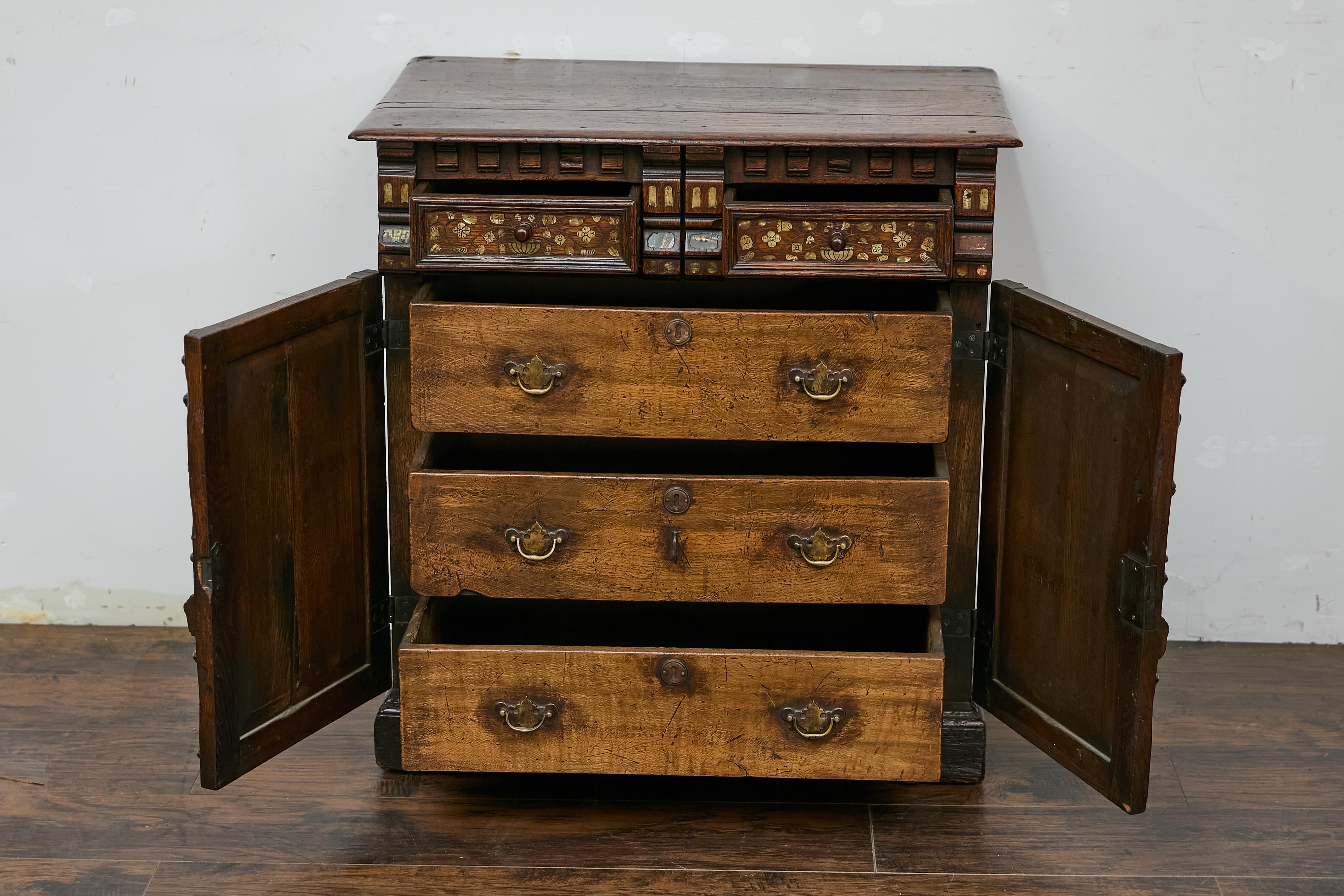 English Renaissance Revival Oak Storage Cabinet with Bone and Pearl Inlay 2
