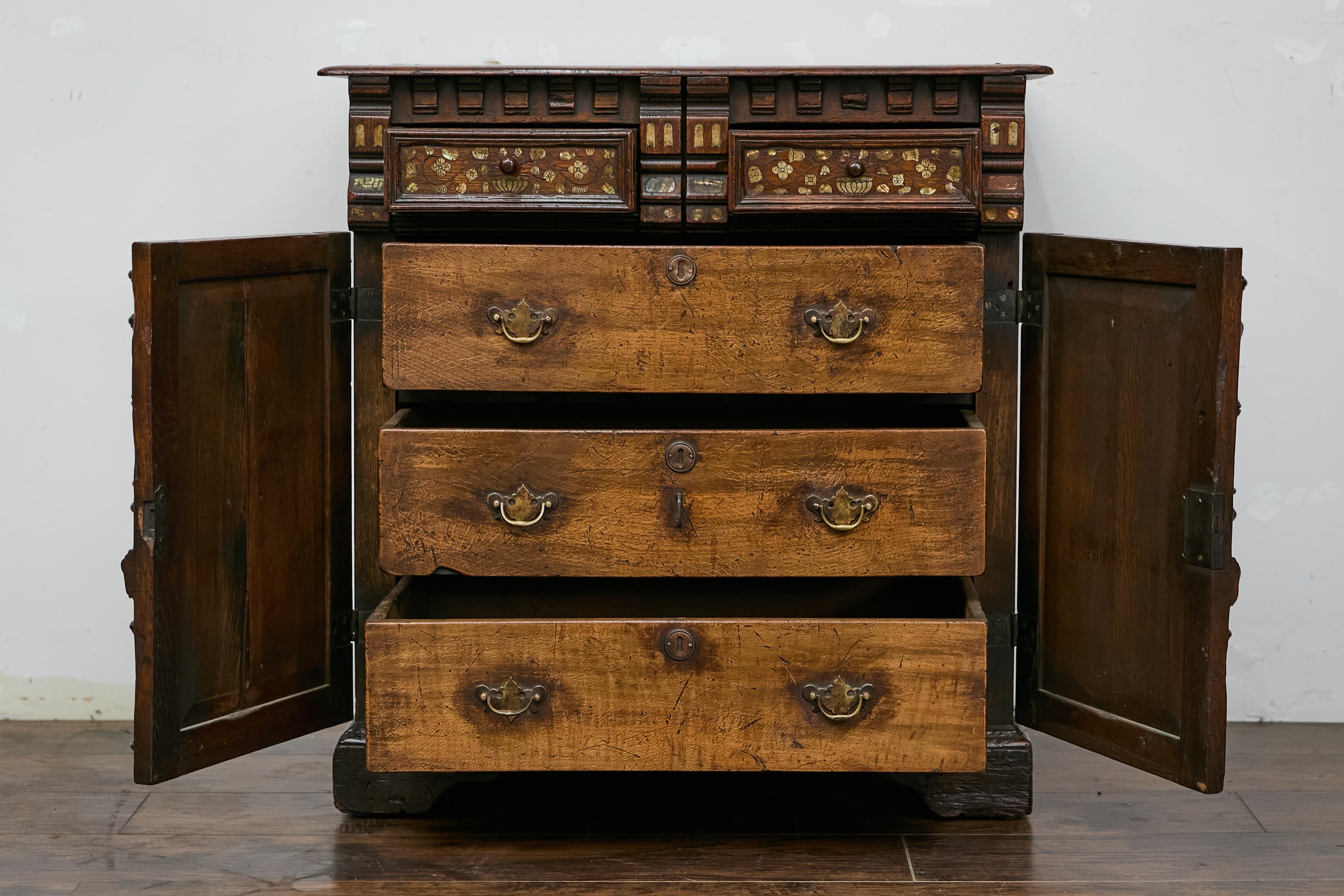 English Renaissance Revival Oak Storage Cabinet with Bone and Pearl Inlay 3