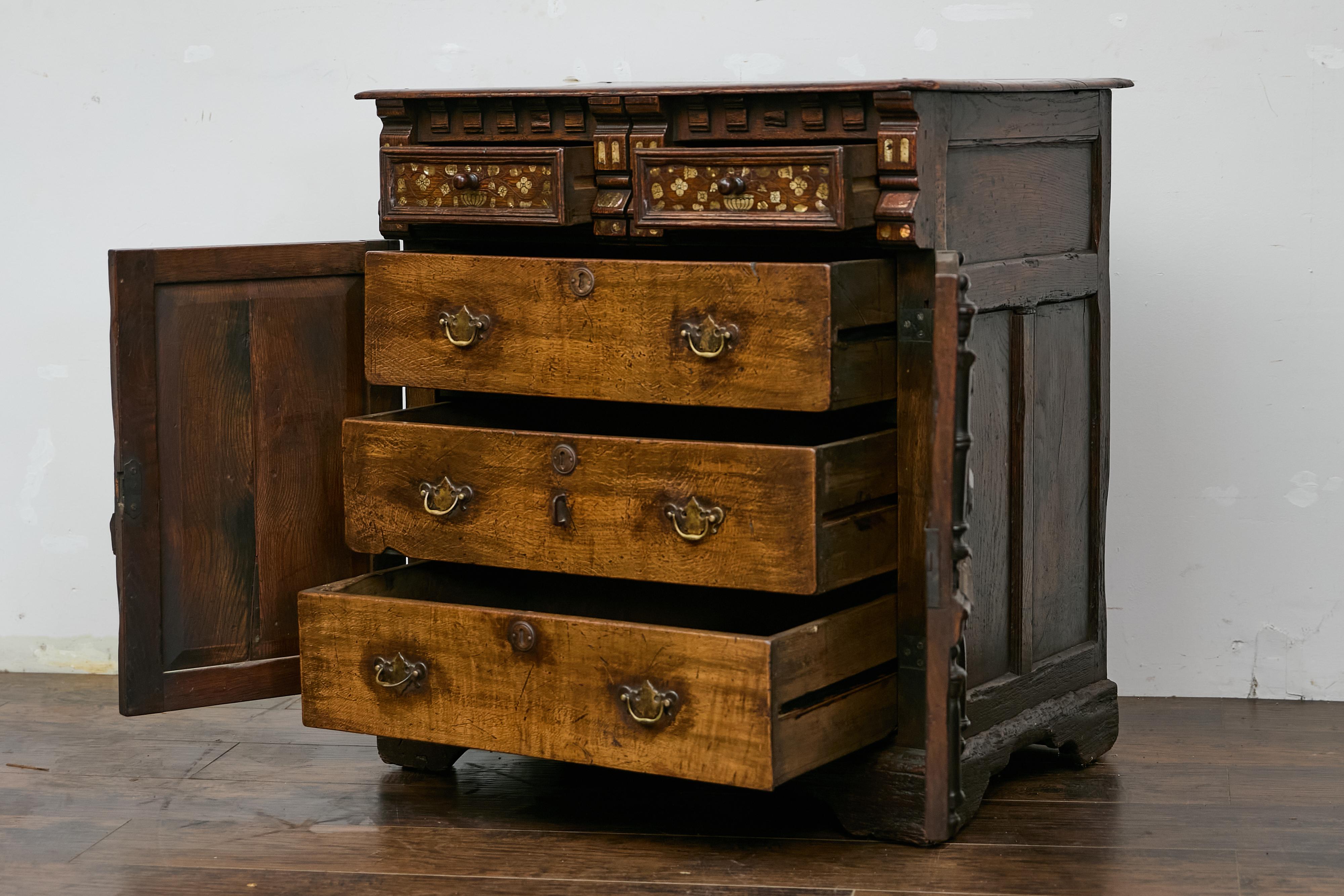 English Renaissance Revival Oak Storage Cabinet with Bone and Pearl Inlay 4