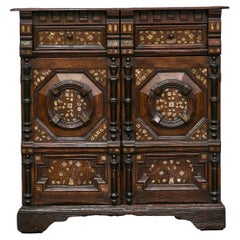 English Renaissance Revival Oak Storage Cabinet with Bone and Pearl Inlay