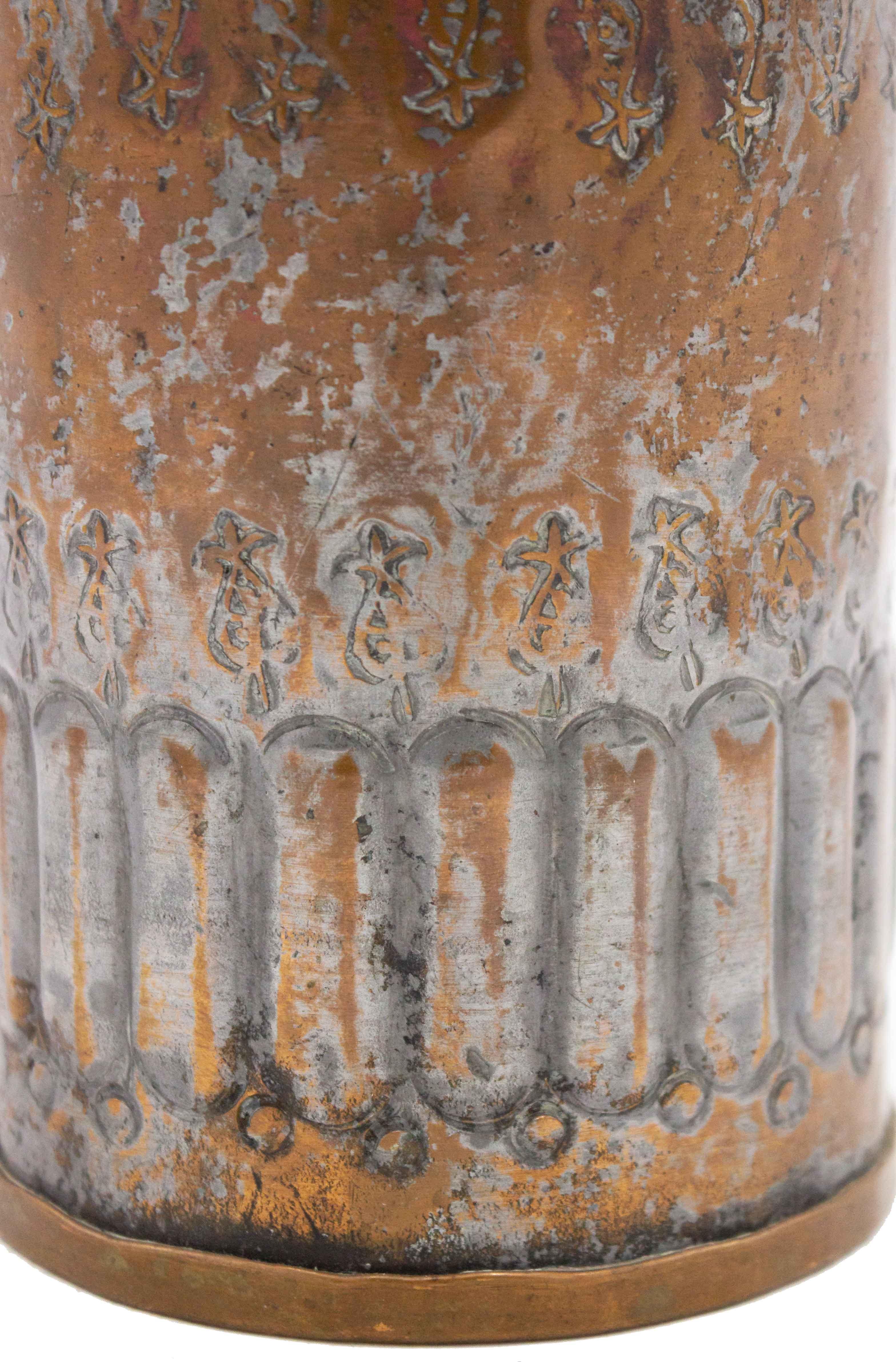 English Renaissance style (20th Cent) silver plate on copper cylindrical container with fluted and etched design.
 