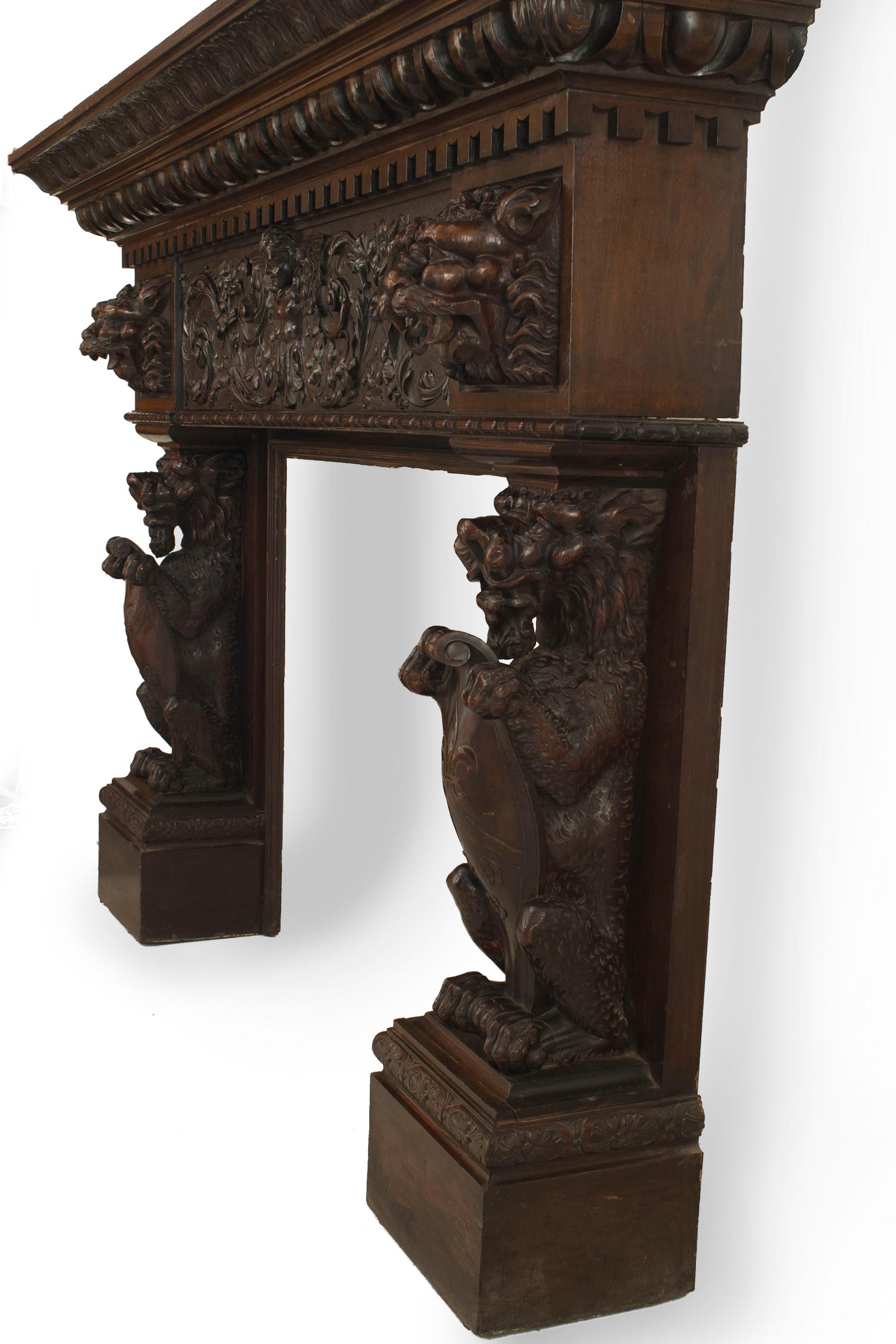English Renaissance-style (19th Century) carved mahogany lion side fireplace mantel.
