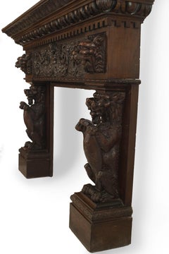 19th Century English Renaissance Carved Mahogany Lion Mantel