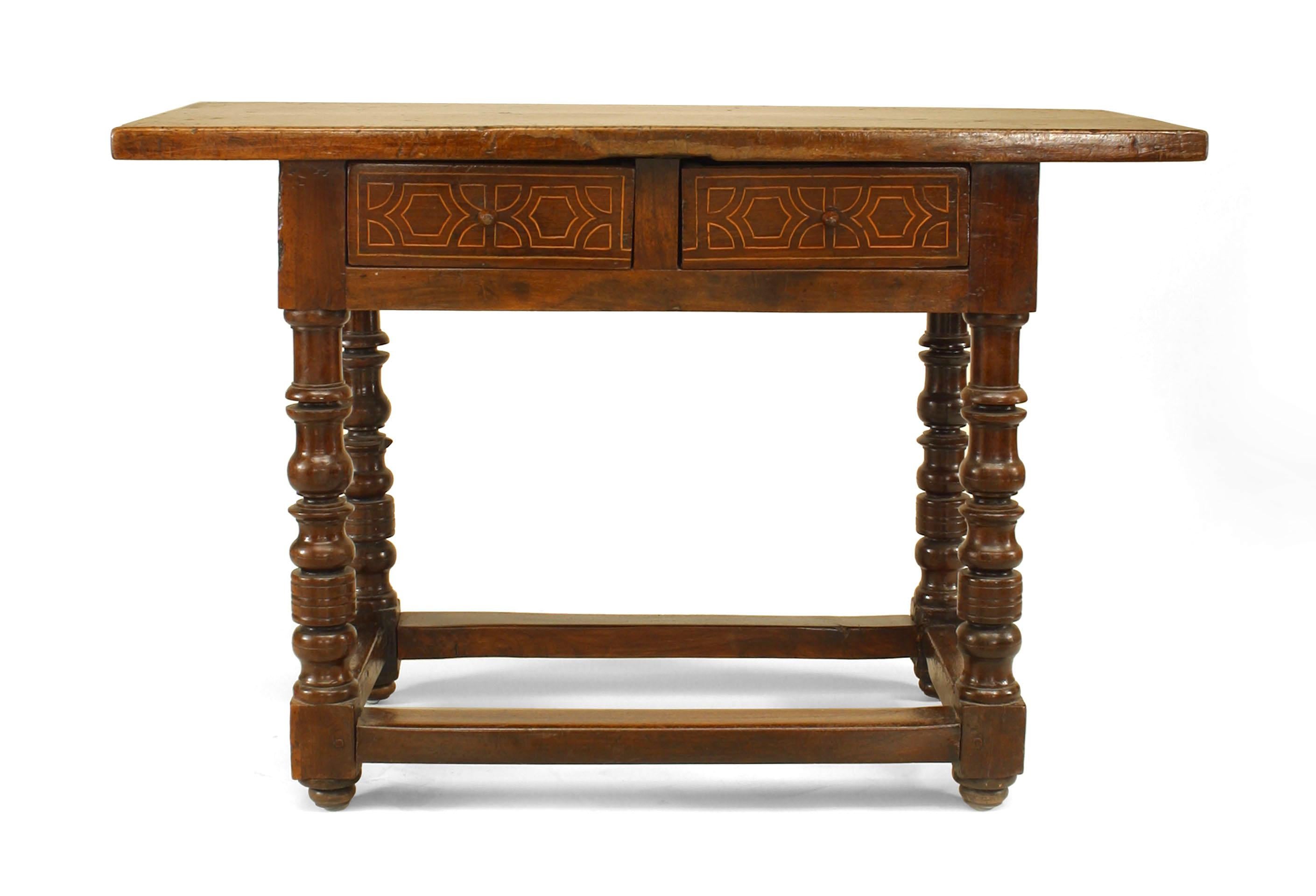 English Renaissance-style (17/18th Century) oak console table with 2 banded inlaid drawers and supported on turned legs with a box form stretcher.
