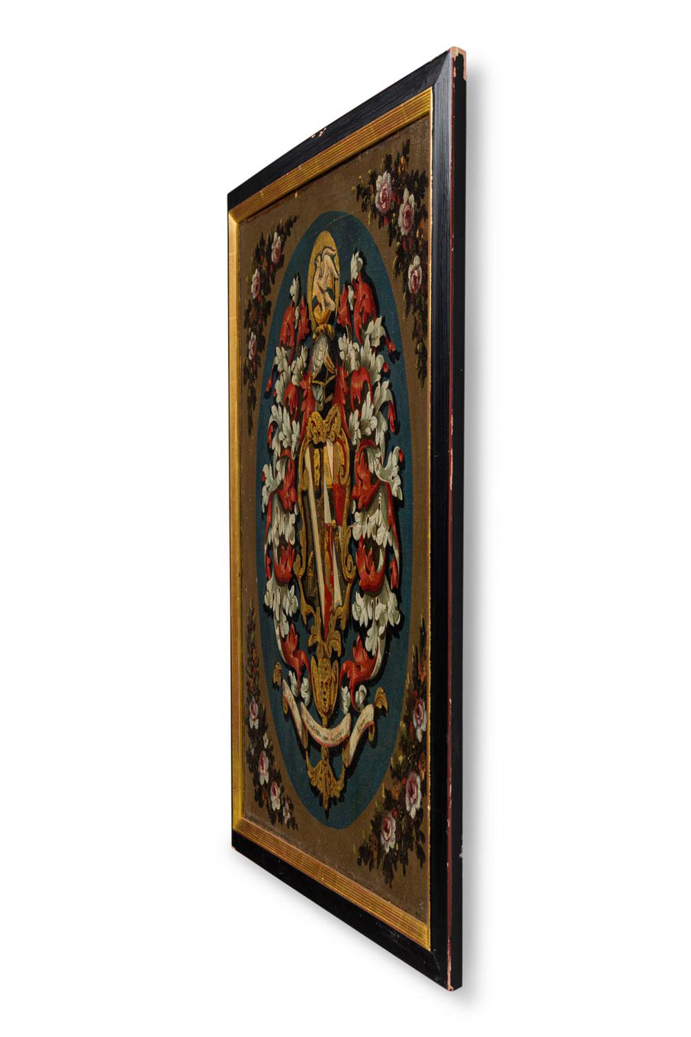 Huile sur toile de style Renaissance anglaise (XIXe siècle) représentant un drapeau héraldique représentant deux familles Wheatcroft et Langton, avec un blason prototypique composé de feuilles d'acanthe, de panaches, d'un casque, de volutes et d'une