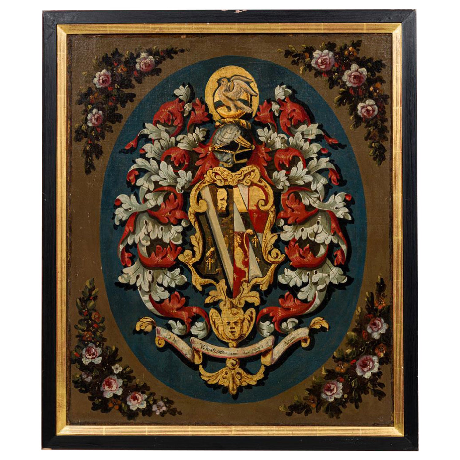 English Renaissance Style Heraldic Flag Oil on Canvas Painting