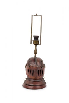English Renaissance-Style Novelty Brown Leather Knight's Helmet Table Lamp