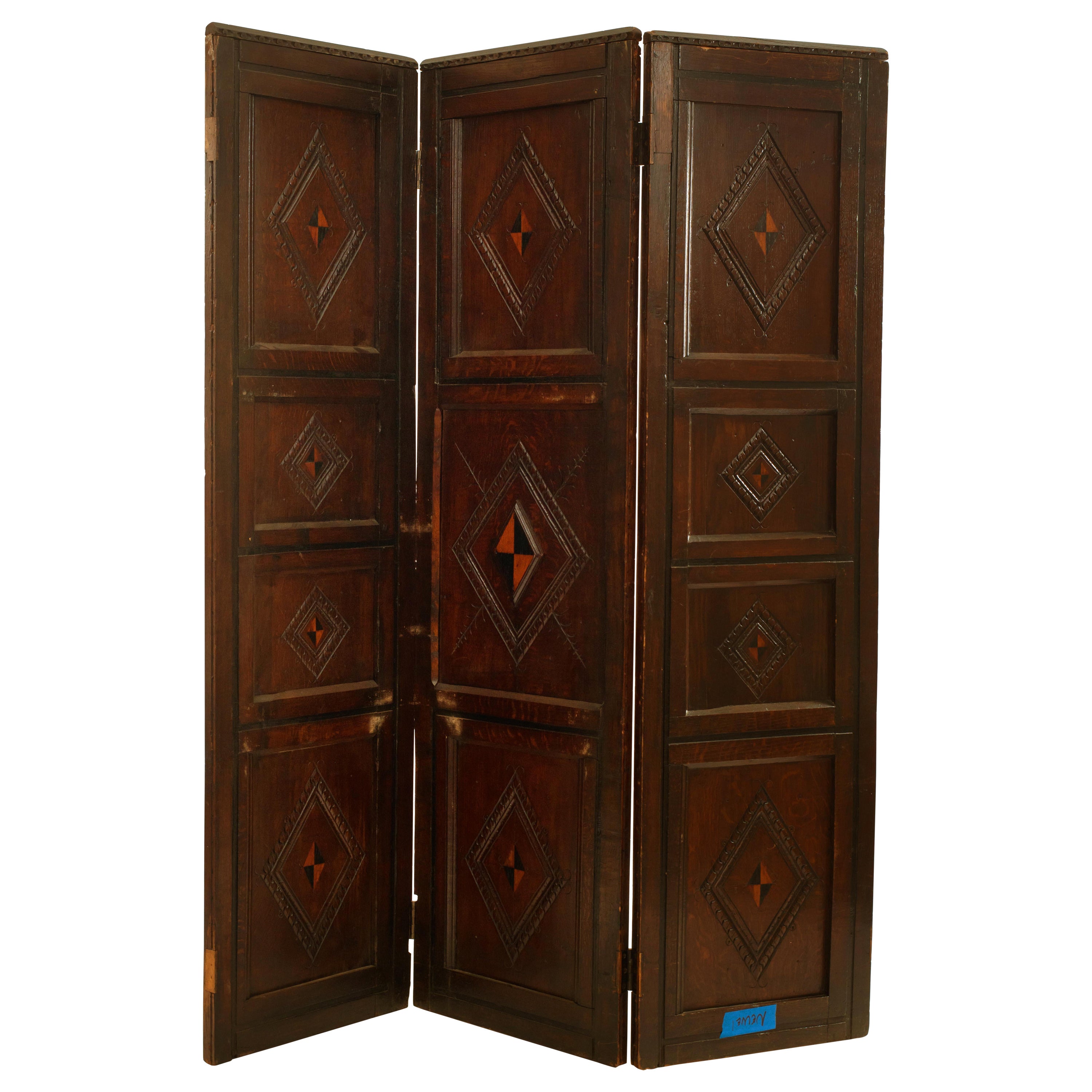 English Renaissance Style Oak 3-Fold Screen with Inlaid Design