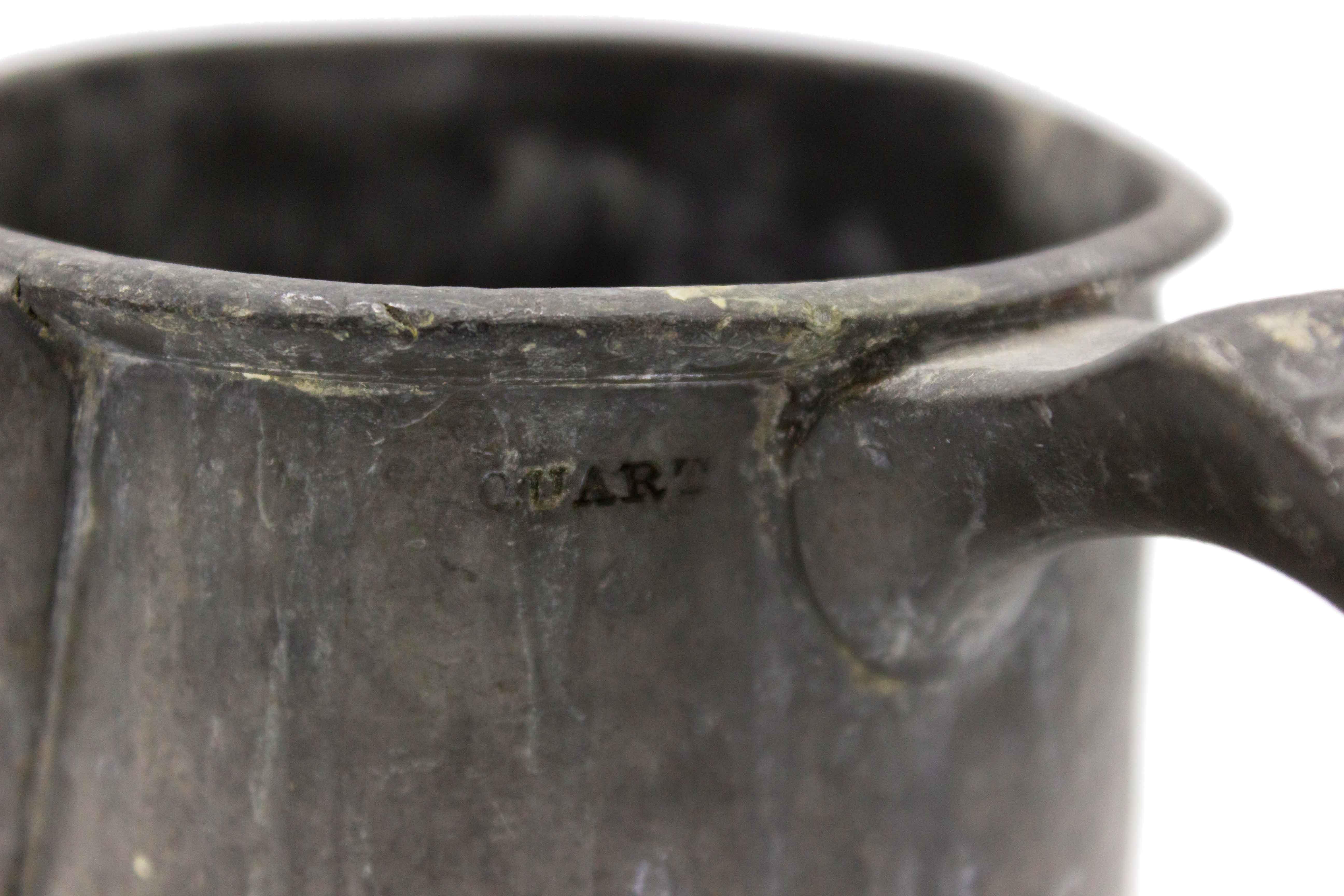 English Renaissance-style (19th Century) pewter pitcher (quart measure) with side handle.