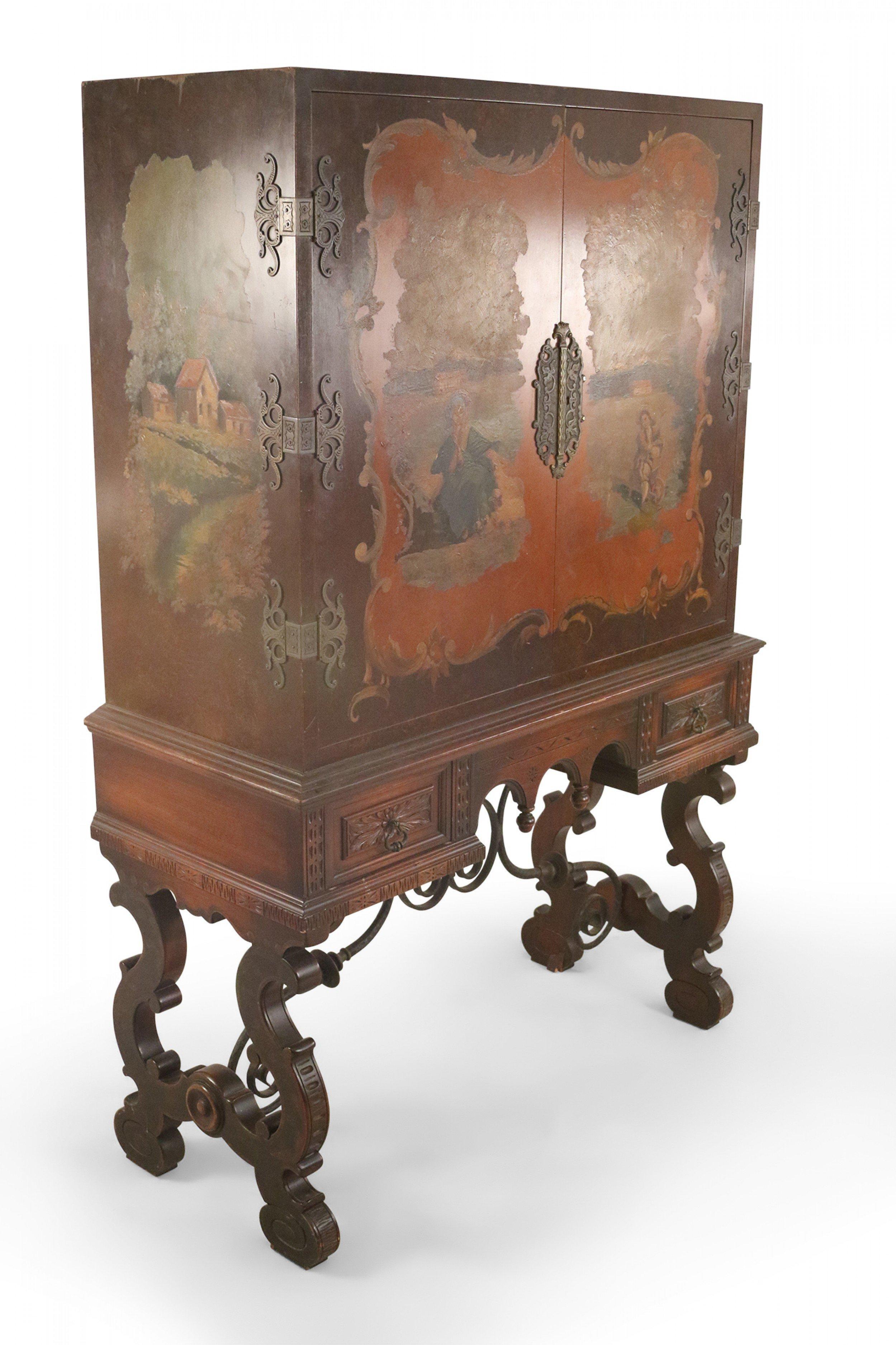 English Renaissance Style Pictorial Mahogany and Iron Highboy Cabinet For Sale 4