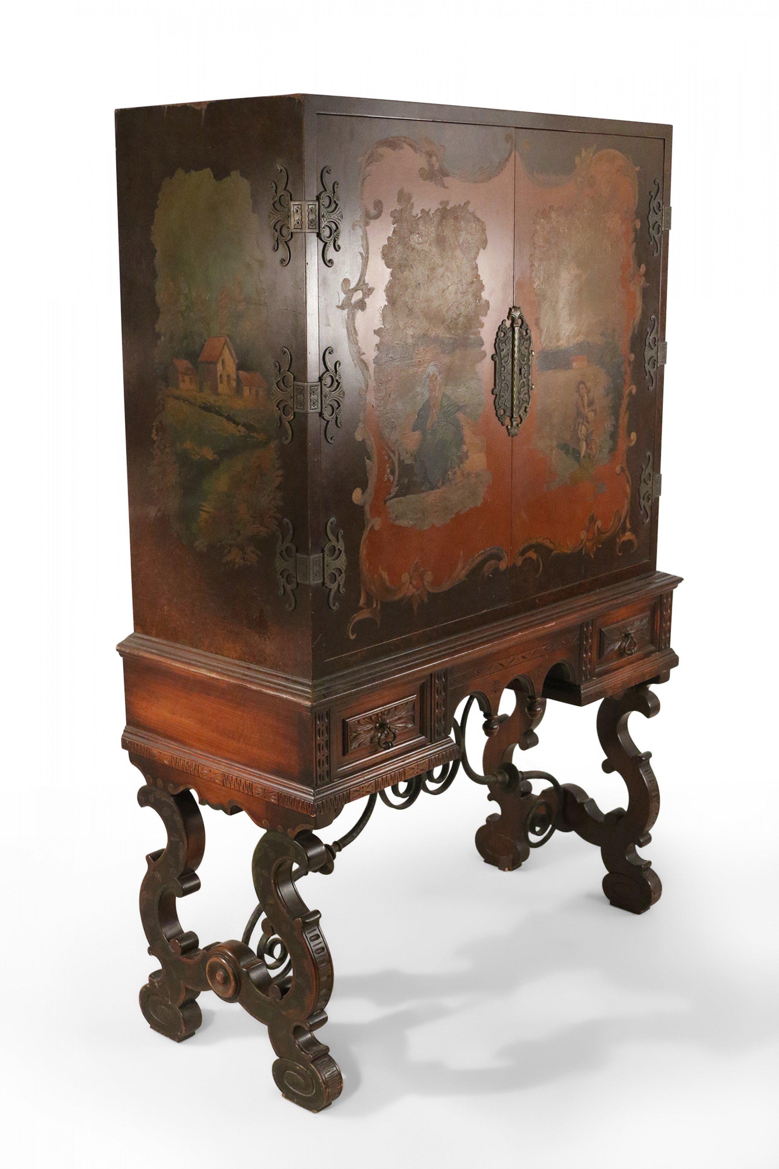 English Renaissance style (19th-20th century) highboy cabinet with a painted pastoral scene on the front 2 doors and sides with two harp-shaped legs with a wrought iron stretcher and iron hardware.