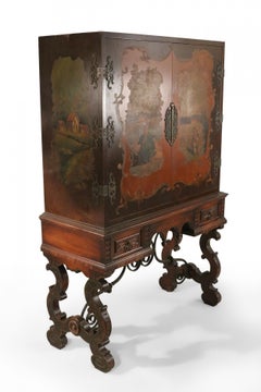 English Renaissance Style Pictorial Mahogany and Iron Highboy Cabinet