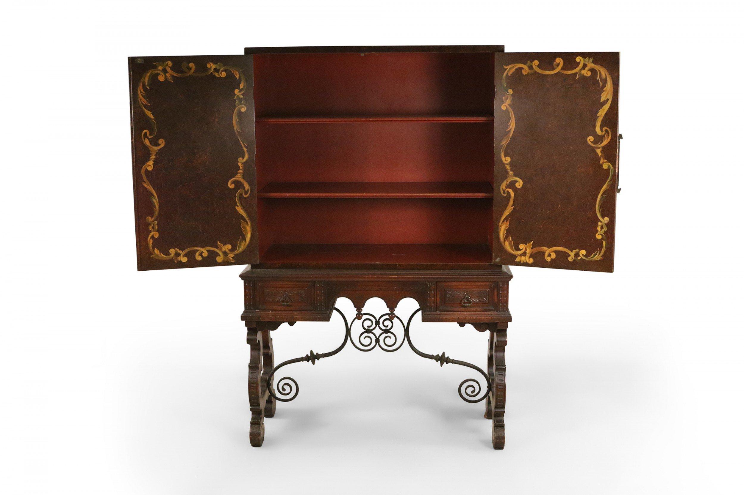 19th Century English Renaissance Style Pictorial Mahogany and Iron Highboy Cabinet For Sale