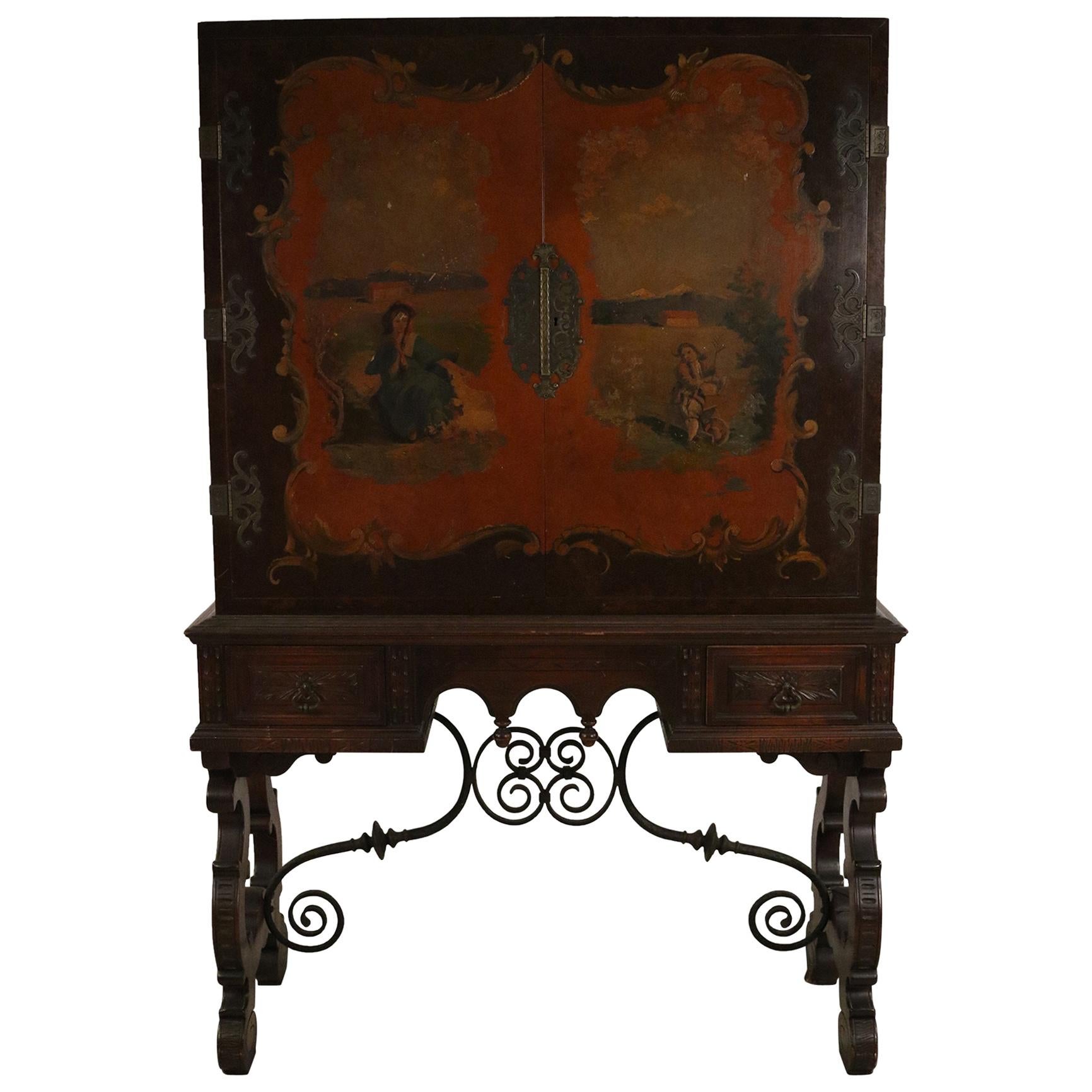 English Renaissance Style Pictorial Mahogany and Iron Highboy Cabinet For Sale