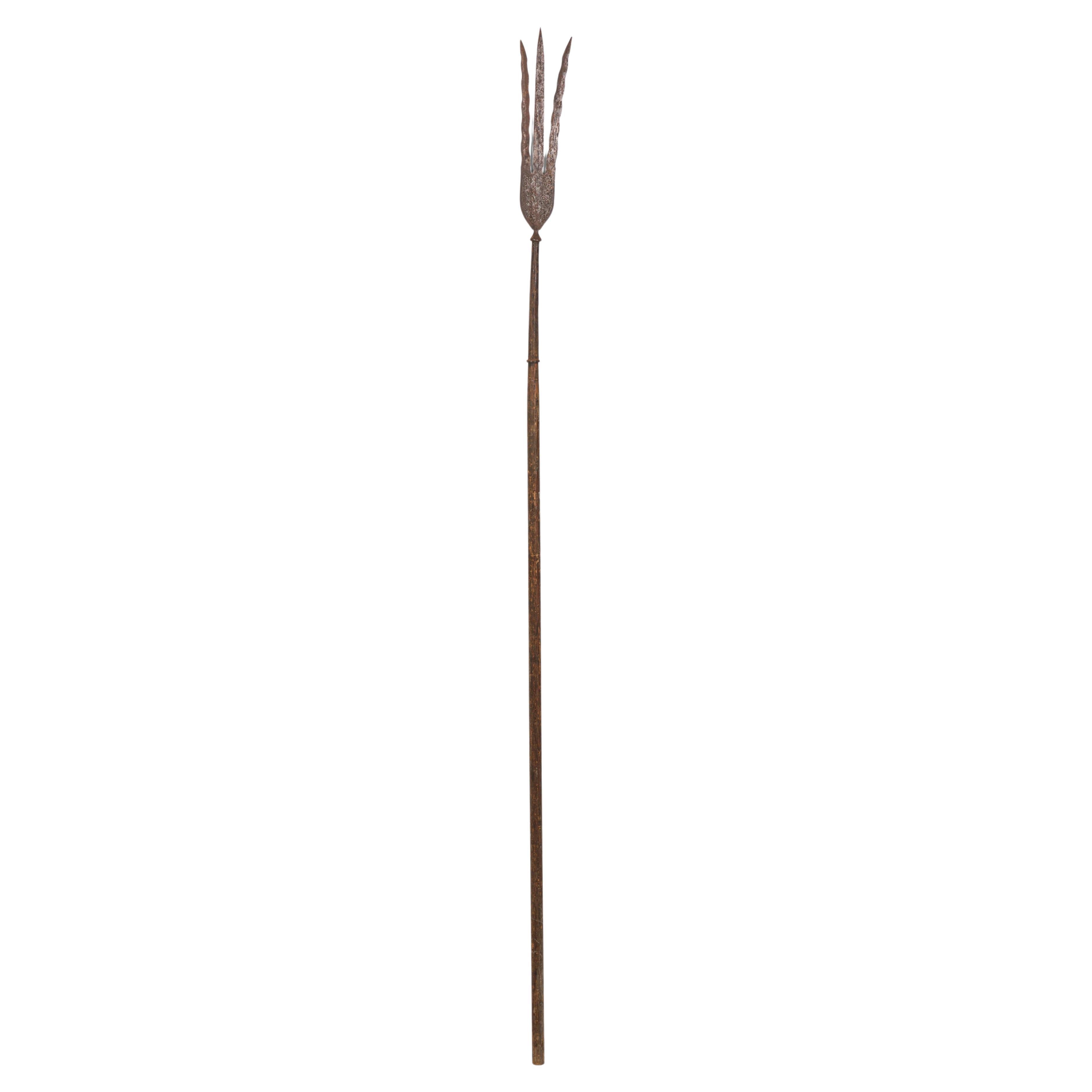 English Renaissance Style Three Pronged Iron and Wood Spear