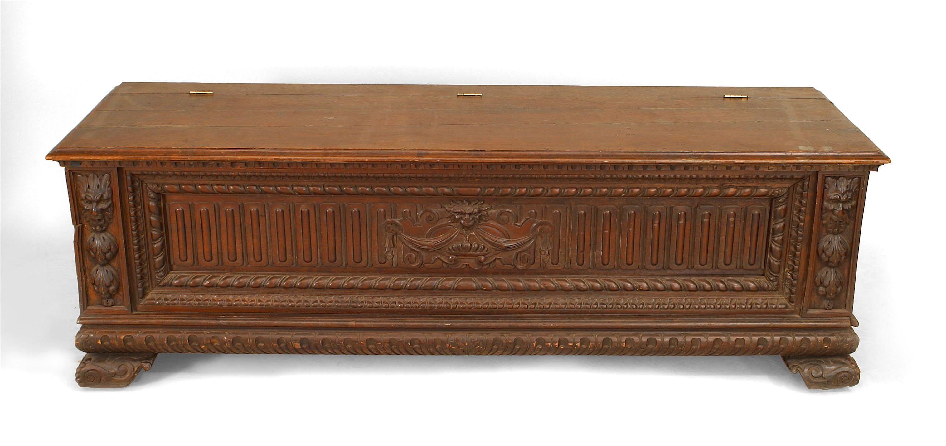 English Renaissance style (19th Cent) walnut carved cassone style floor trunk with linenfold design.
