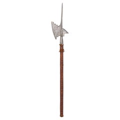 English Renaissance Style Wood, Leather, and Steel Halberd