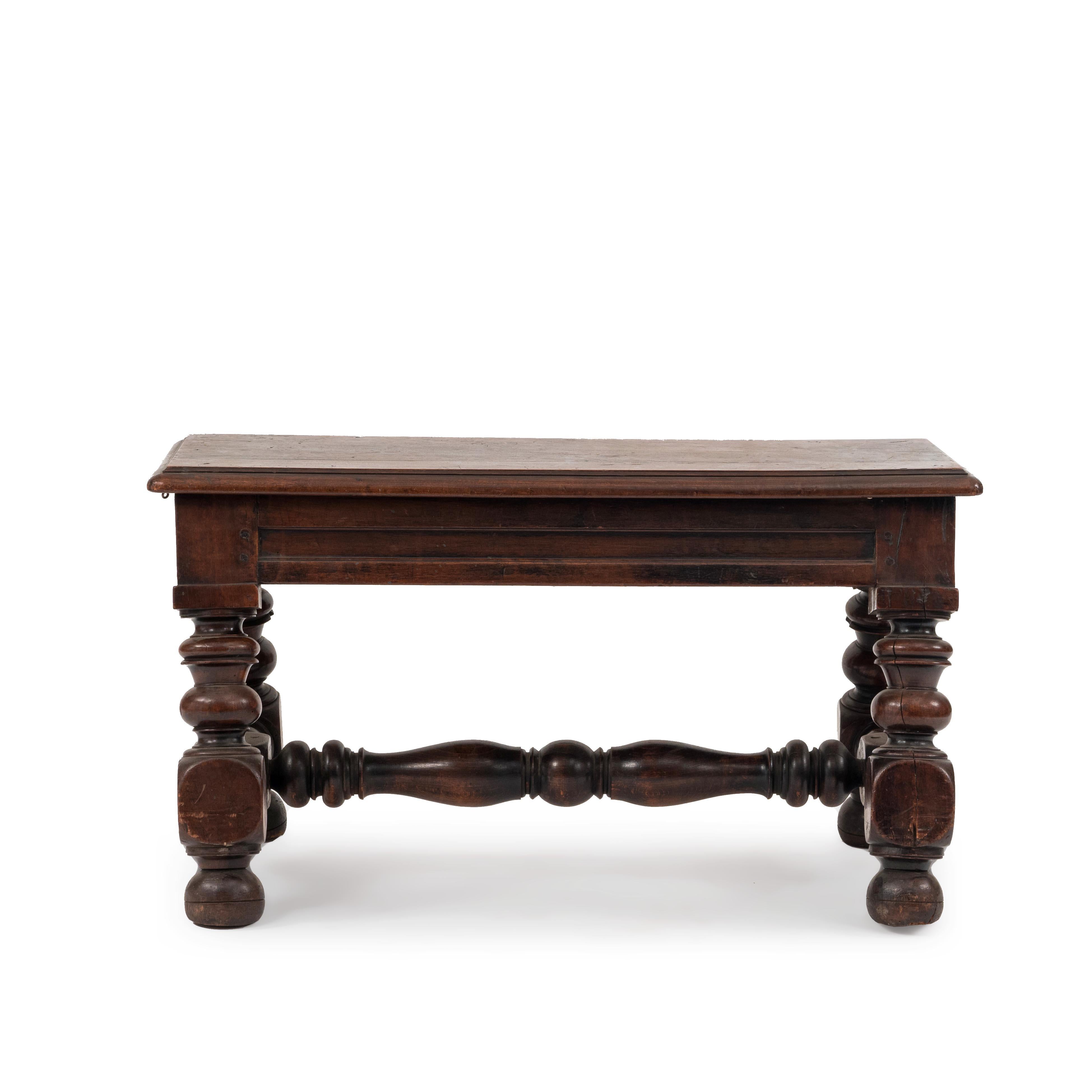 English Renaissance style walnut bench with heavy turned legs joined by an H stretcher