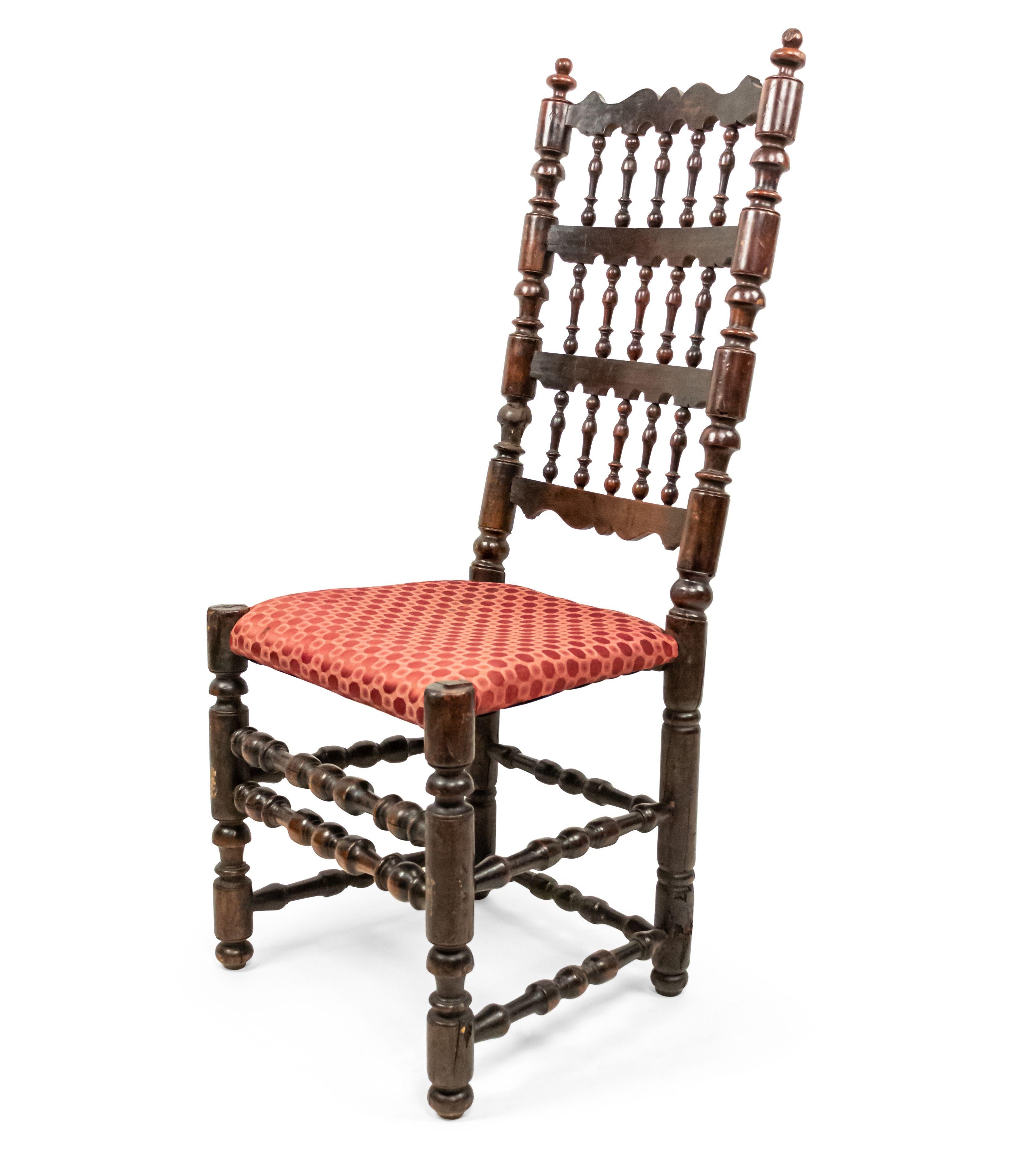 English Renaissance style (17th century) walnut 3 tier spindle back side chairs with upholstered seat. (3-Priced each).