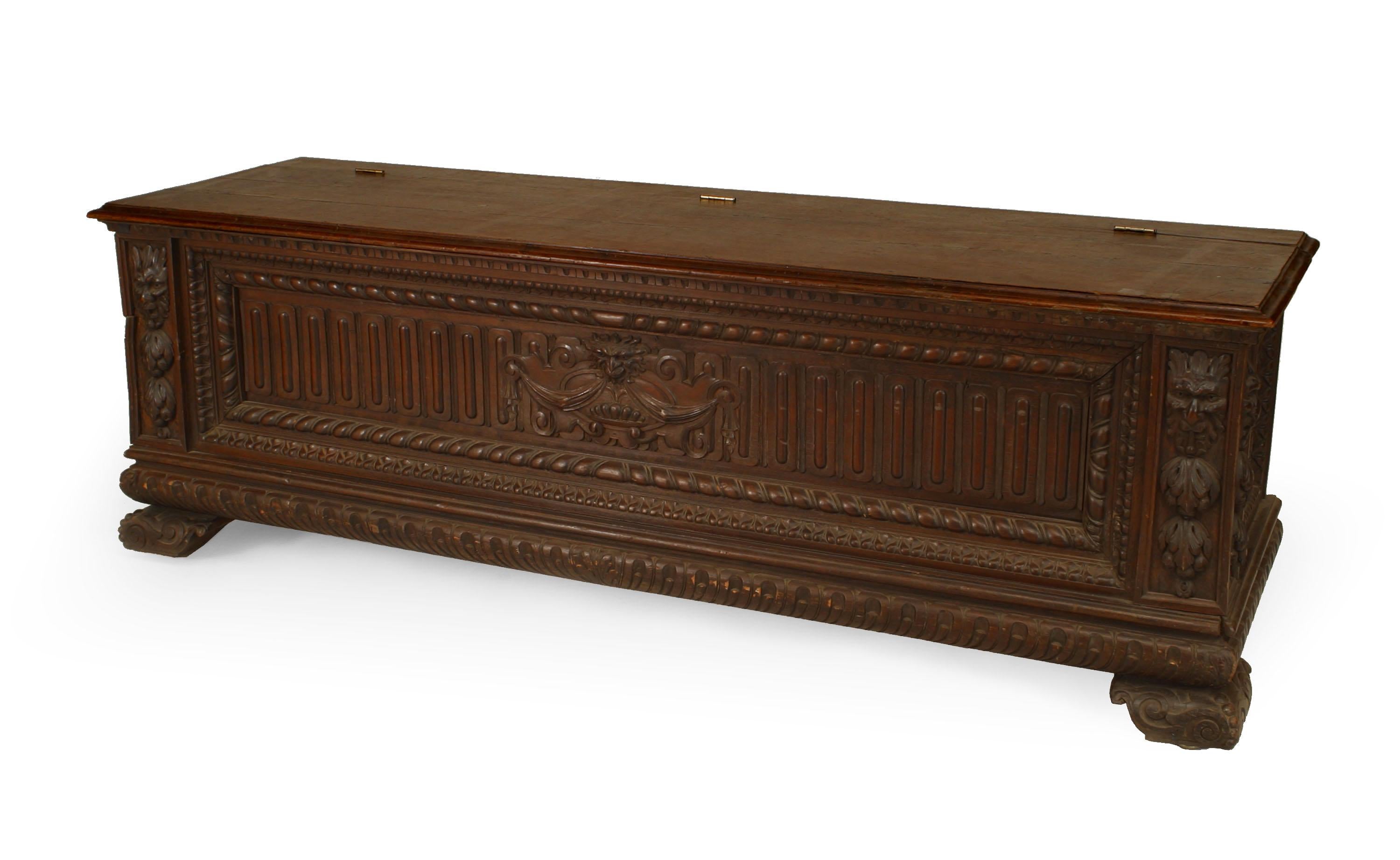 English Renaissance style (19th Cent) walnut carved cassone style floor trunk with linenfold design.