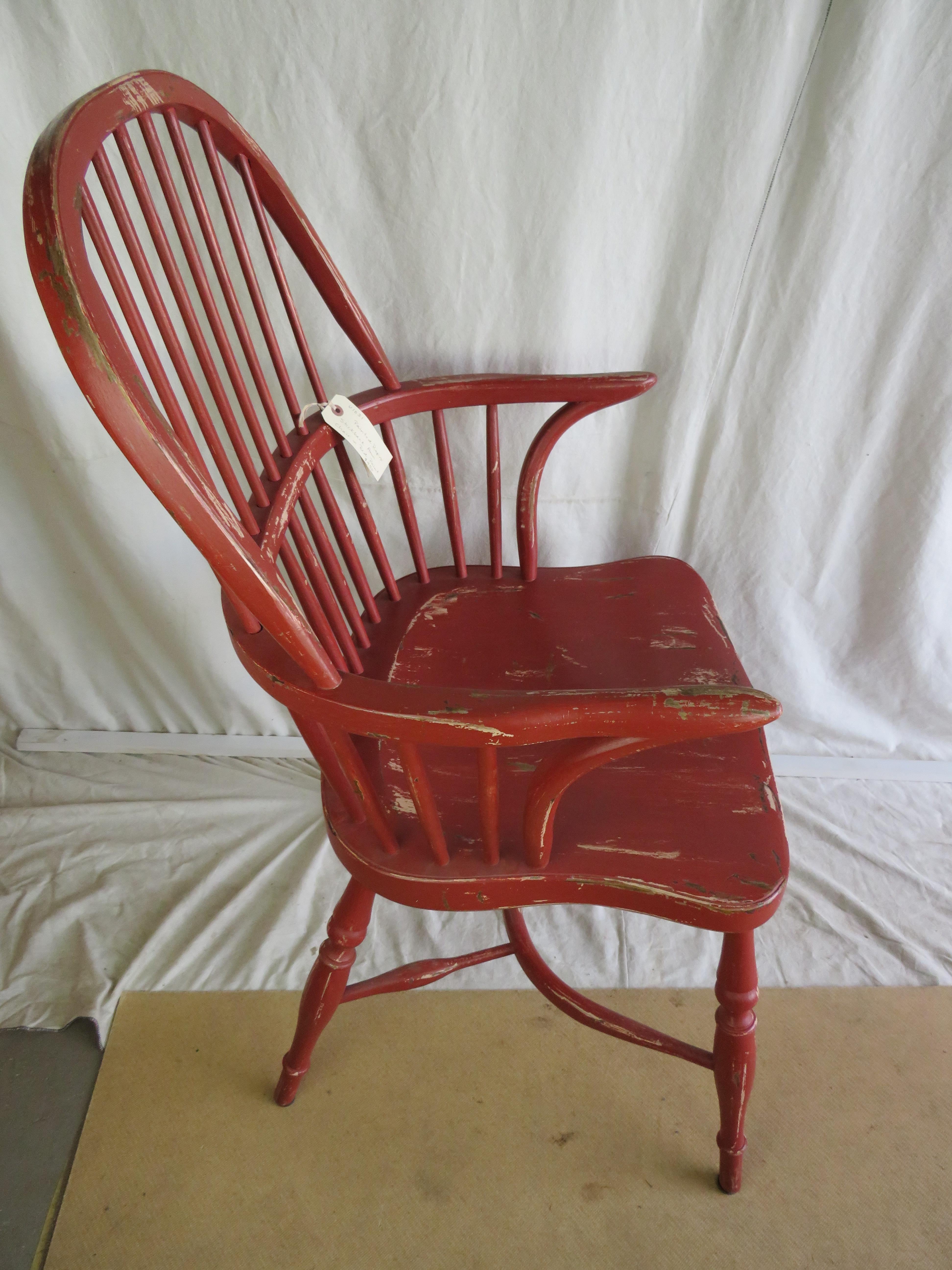 English Reproduction Stick Back Arm Chair in Red Paint In Good Condition For Sale In Nantucket, MA