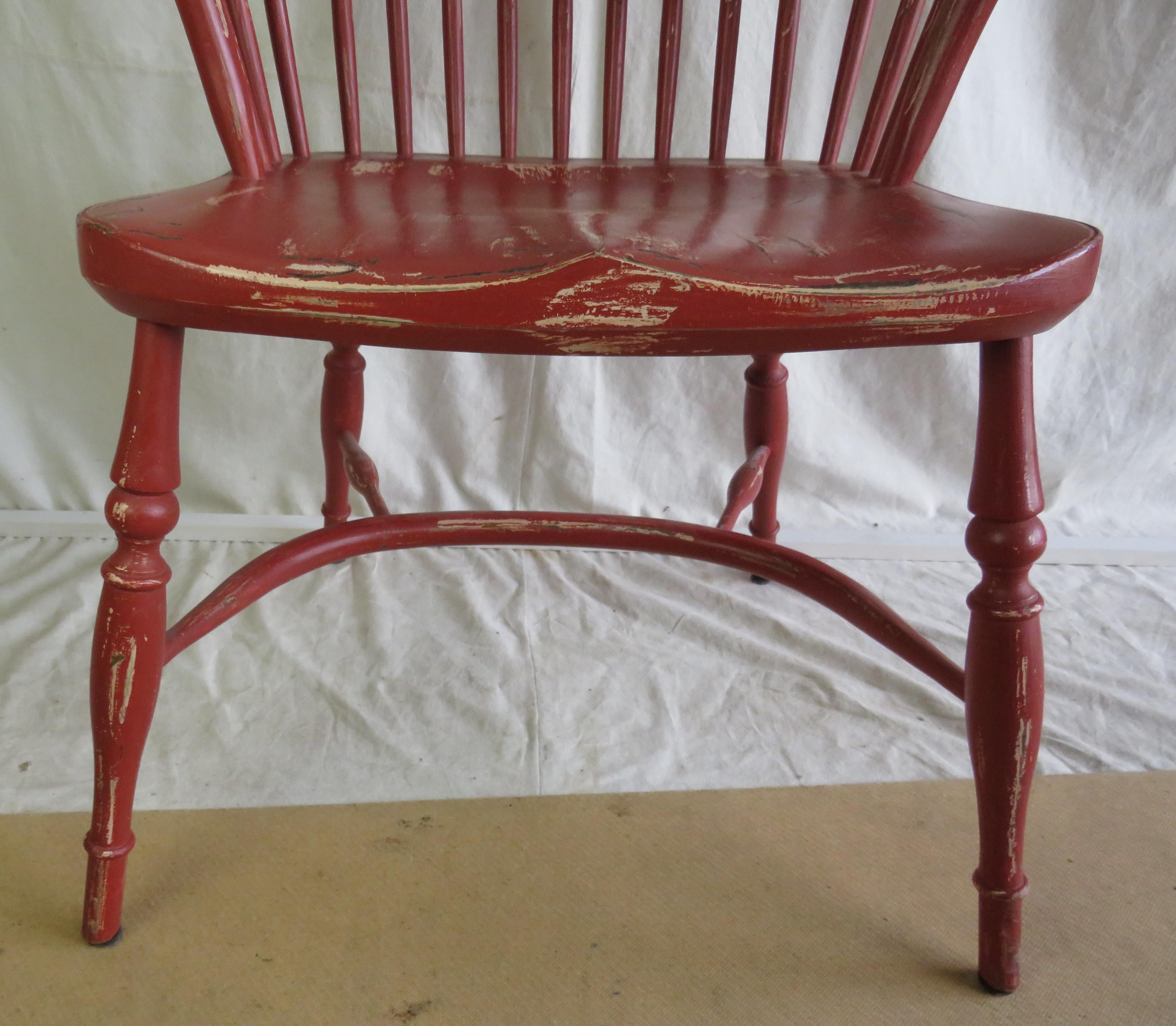 Wood English Reproduction Stick Back Arm Chair in Red Paint For Sale
