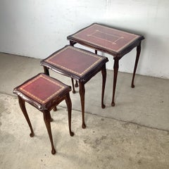 English Revival Style Nesting Tables with Gilt-Tooled Leather Tops, Set of Three