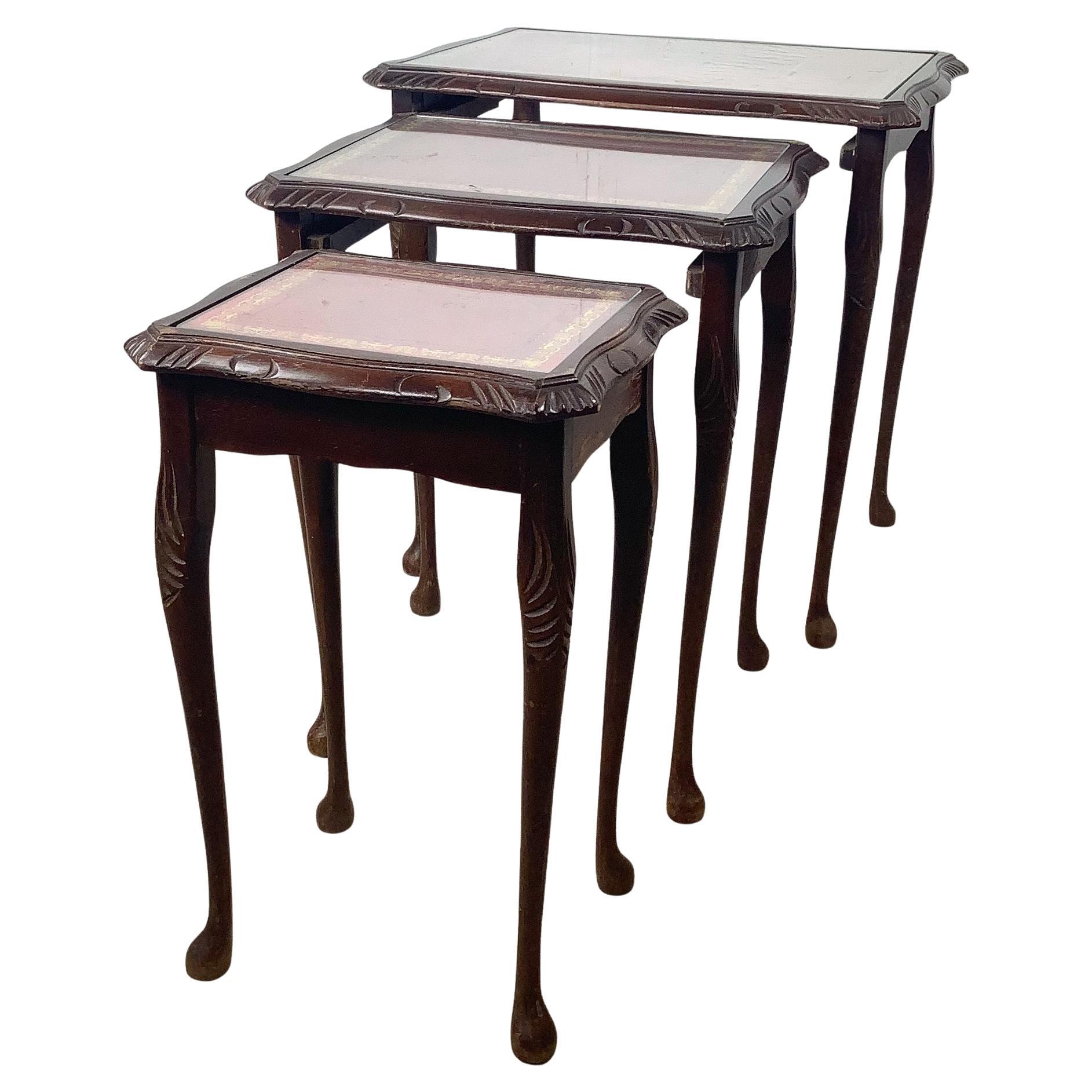 English Revival Style Nesting Tables with Gilt-Tooled Leather Tops, Set of Three