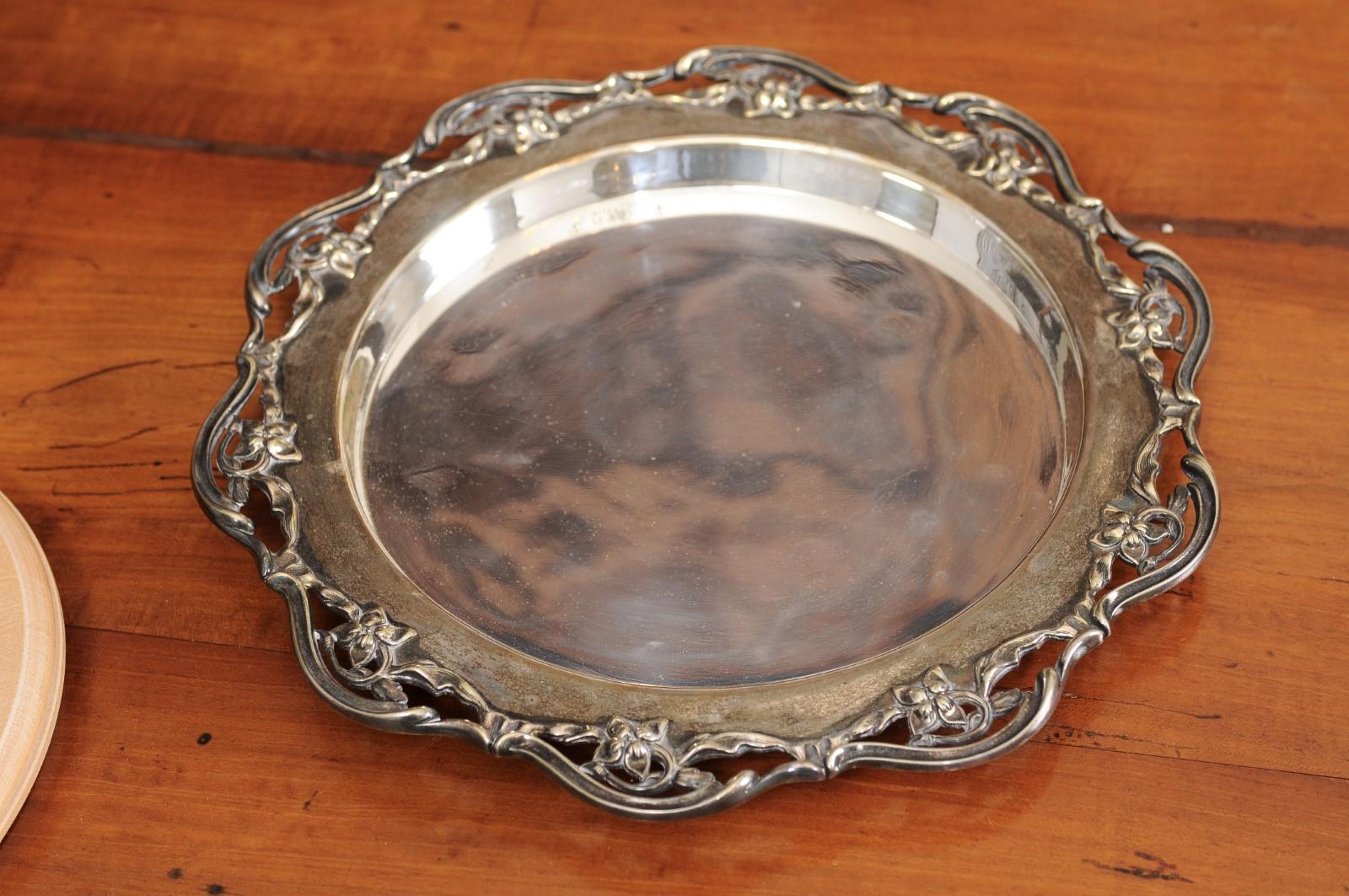 Wood English R.F. Mosley & Co Round Silver Plated Tray with Pierced Scalloped Border For Sale